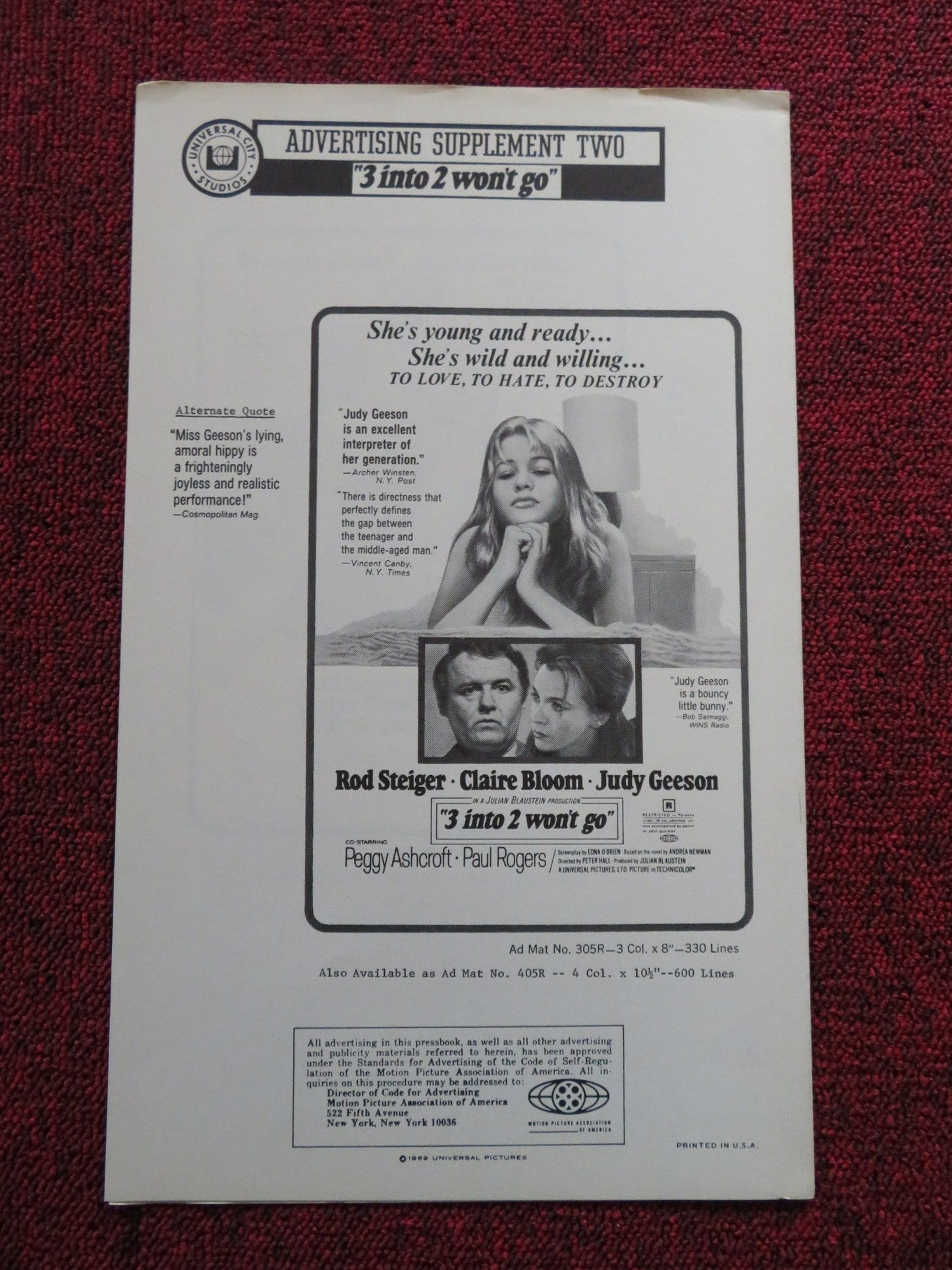 3 INTO 2 WON'T GO US PRESSBOOK AND SUPPLEMENTS - UNCUT R. STEIGER J. BRIDGES '69 - Rendezvous Cinema