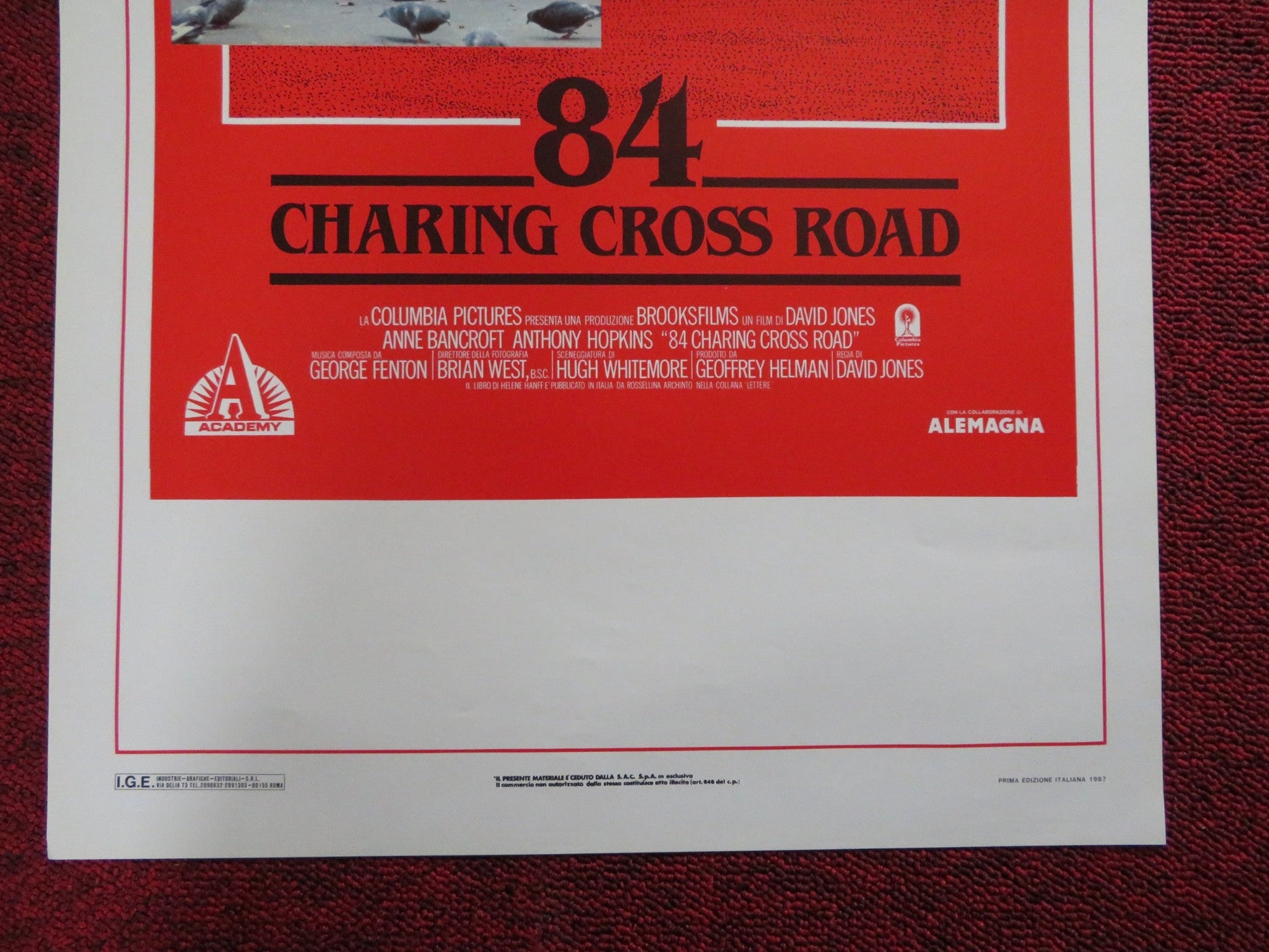 84 CHARING CROSS ROAD ITALIAN LOCANDINA POSTER ANNE BANCROFT A. HOPKINS 1987 - Rendezvous Cinema