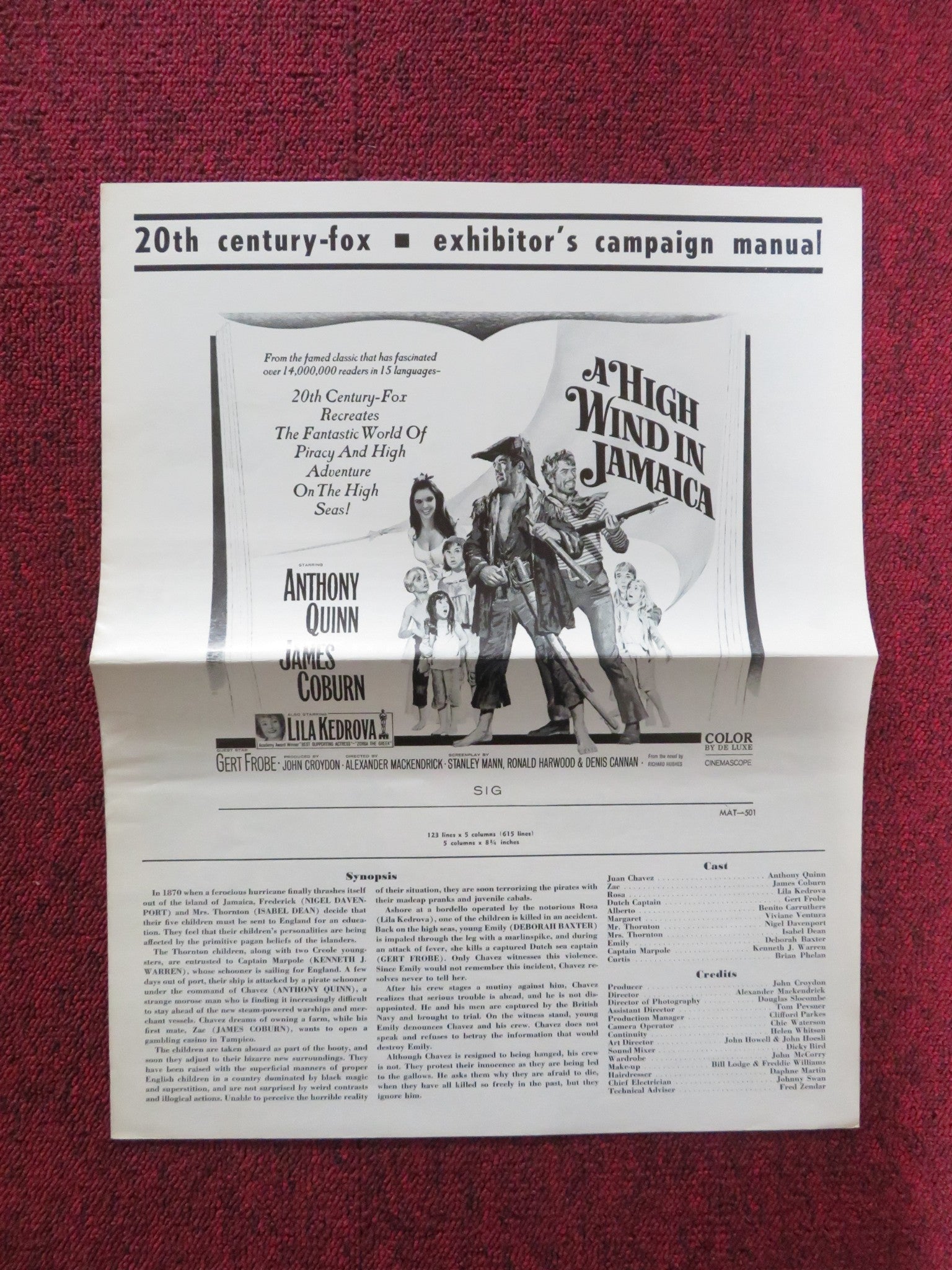 A HIGH WIND IN JAMAICA UNCUT FOLDED PRESS BOOK ANTHONY QUINN JAMES COBURN 1965 - Rendezvous Cinema