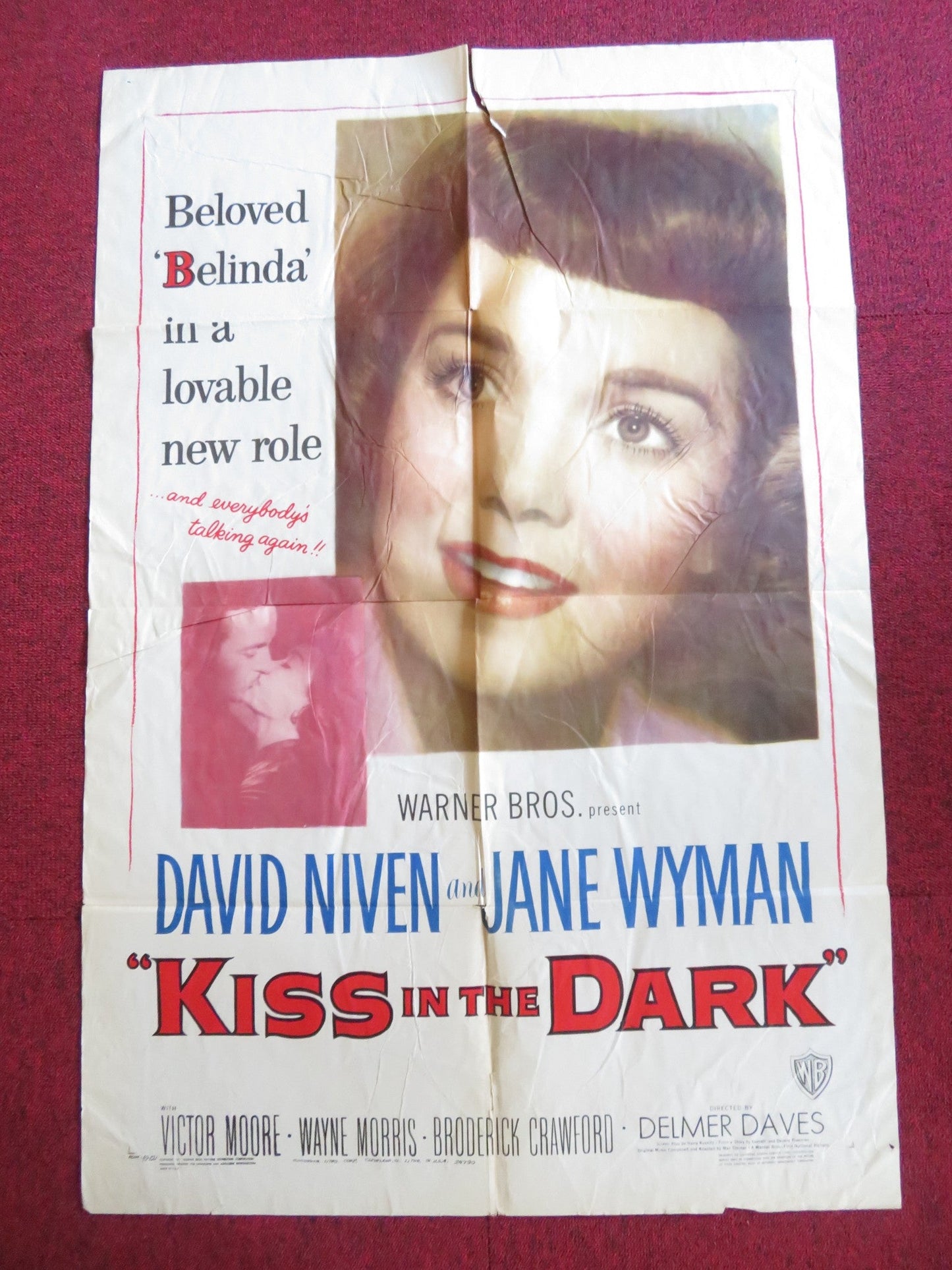 A KISS IN THE DARK FOLDED US ONE SHEET POSTER DAVID NIVEN JANE WYMAN 1949 - Rendezvous Cinema