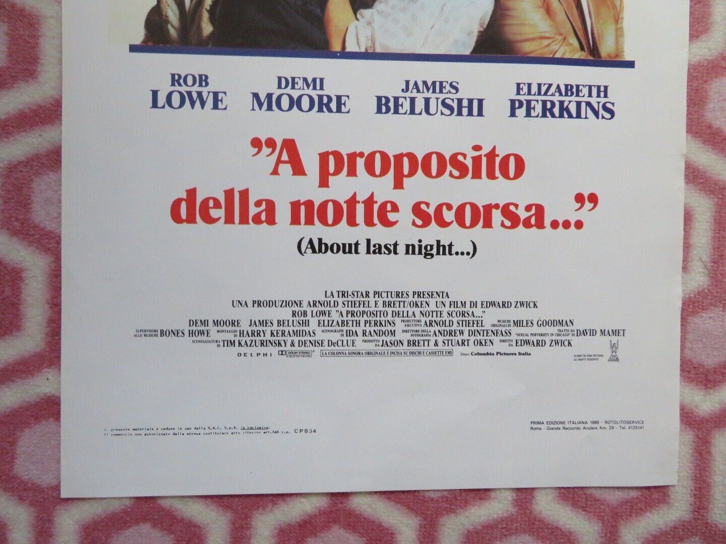 ABOUT LAST NIGHT... ITALIAN LOCANDINA (27.5"x13") POSTER ROB LOWE DEMI MOORE '86 - Rendezvous Cinema