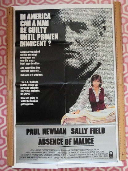 ABSENCE OF MALICE US ONE SHEET POSTER PAUL NEWMAN SALLY FIELD 1981 - Rendezvous Cinema