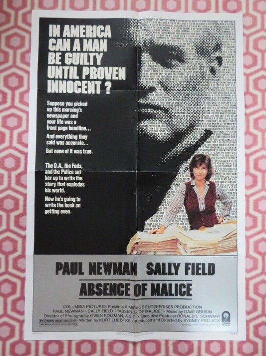 ABSENCE OF MALICE US ONE SHEET POSTER PAUL NEWMAN SALLY FIELD 1981 - Rendezvous Cinema