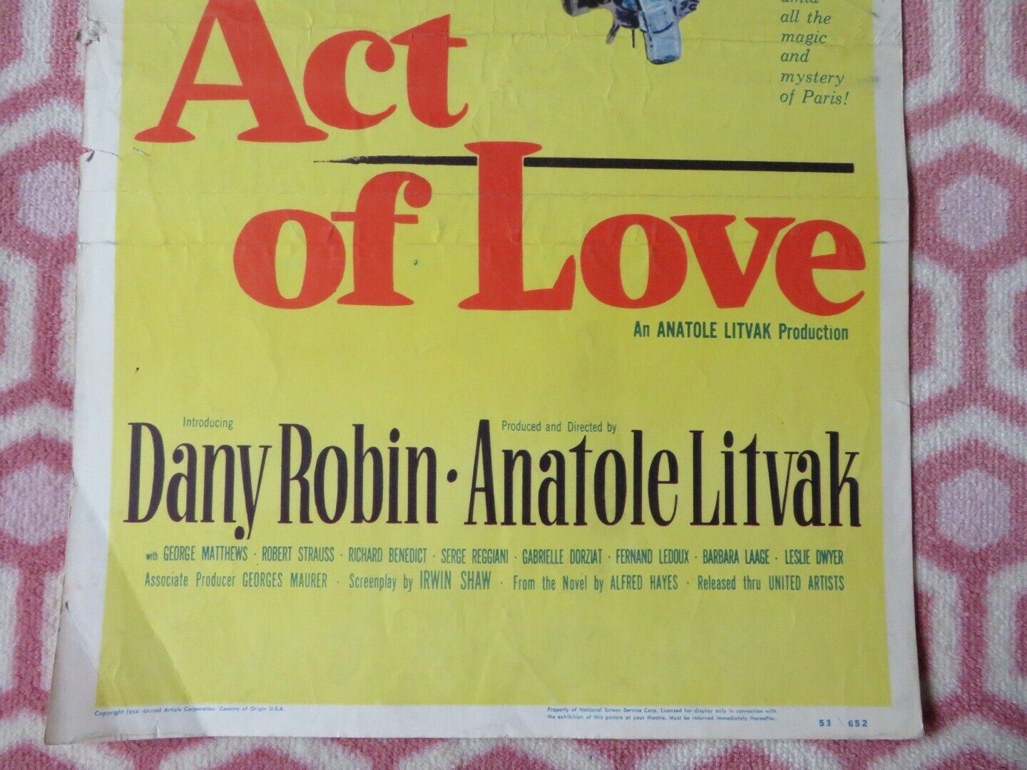 ACT OF LOVE US INSERT (14"x 36") POSTER KIRK DOUGLAS DANY ROBIN 1953 - Rendezvous Cinema