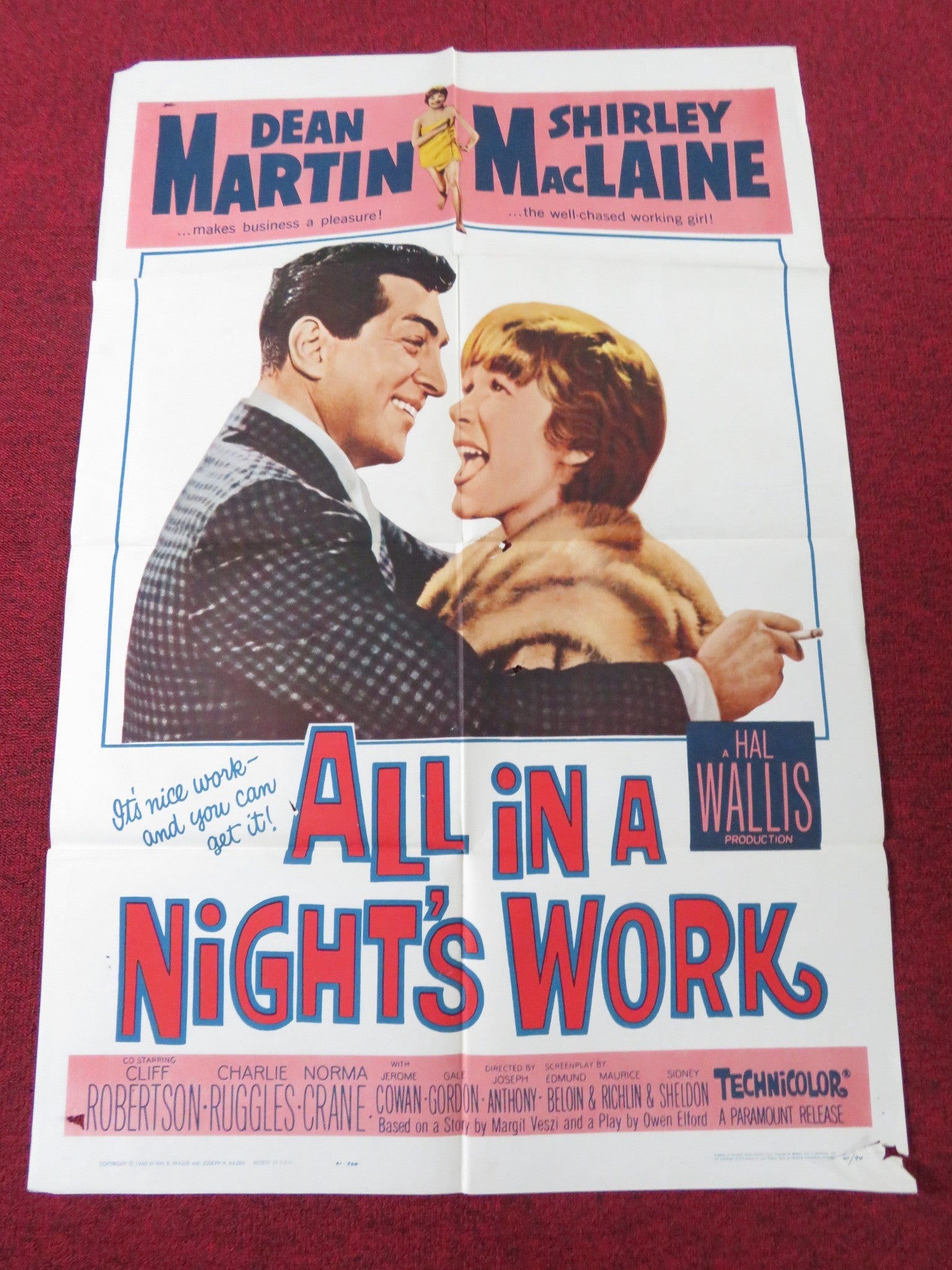 ALL IN A NIGHT'S WORK FOLDED US ONE SHEET POSTER DEAN MARTIN S. MACLAINE 1961 - Rendezvous Cinema