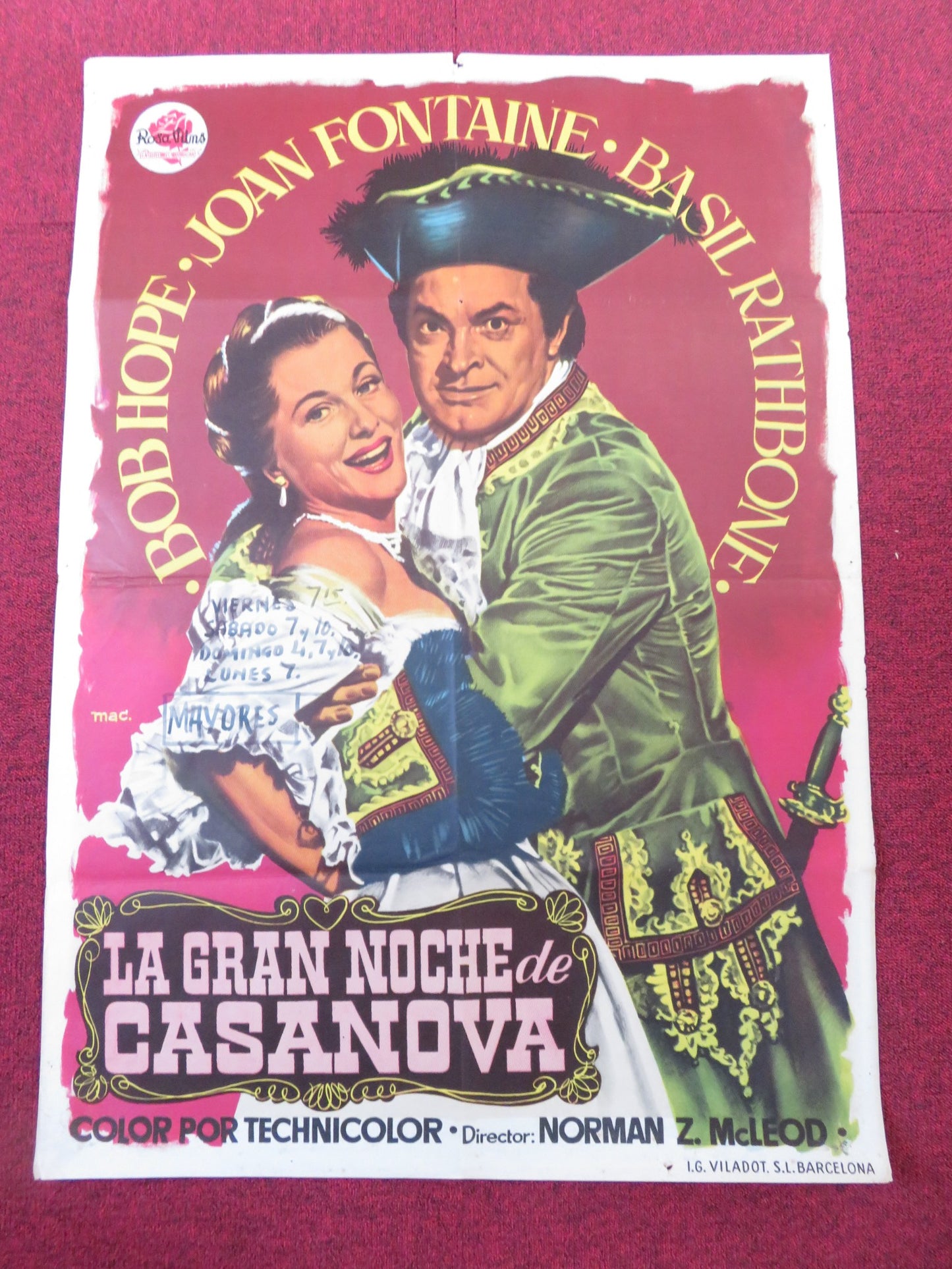 CASANOVA'S BIG NIGHT SPANISH POSTER BOB HOPE JOAN FONTAINE 1954