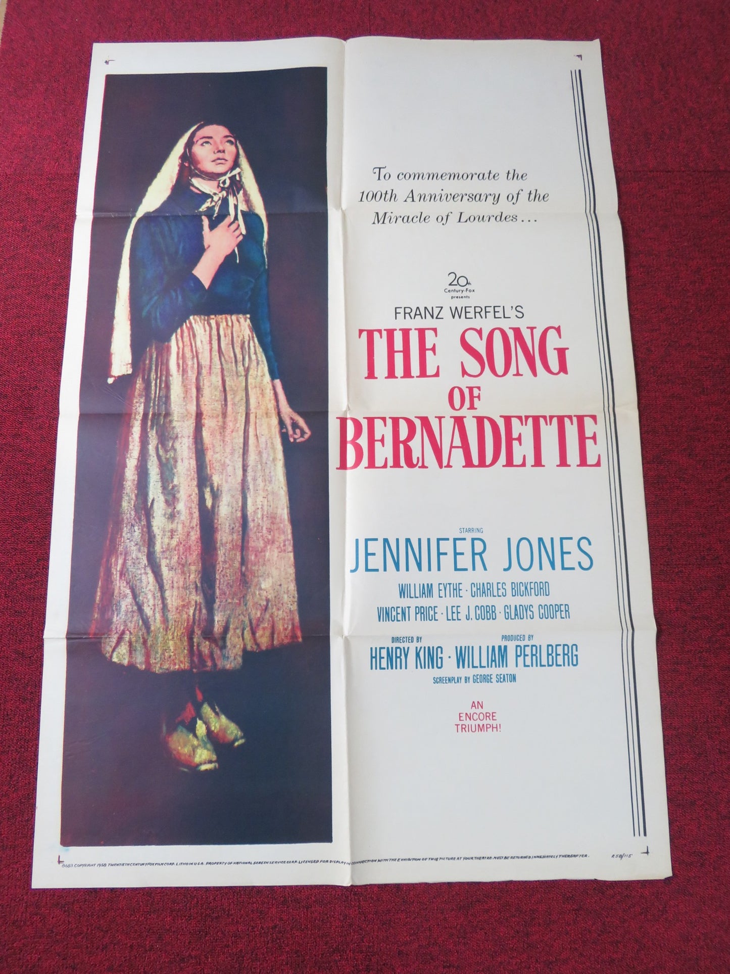 SONG OF BERNADETTE FOLDED US ONE SHEET POSTER WILLIAM EYTHE VINCENT PRICE 1958