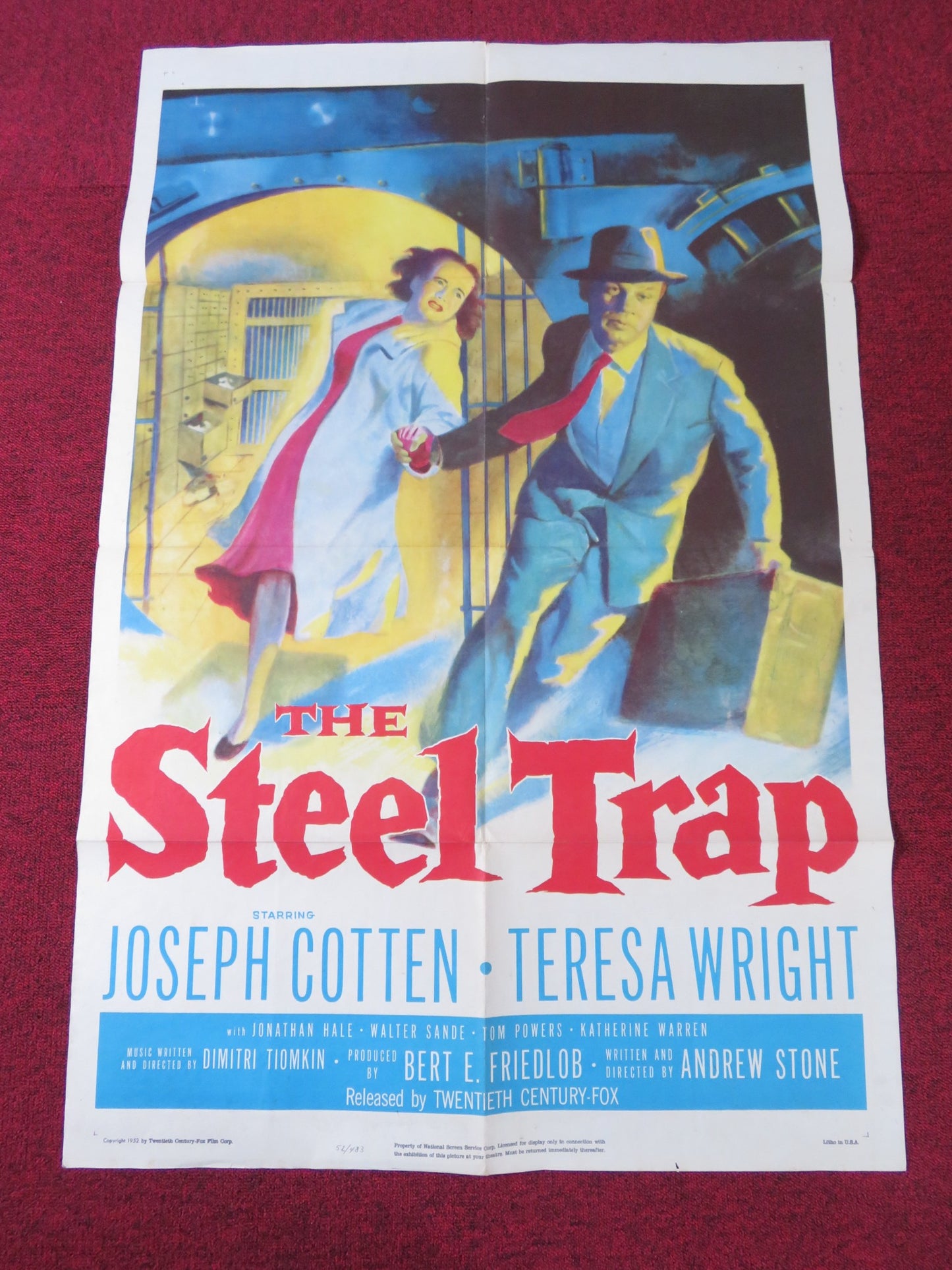 THE STEEL TRAP FOLDED US ONE SHEET POSTER JOSEPH COTTEN TERESA WRIGHT 1952