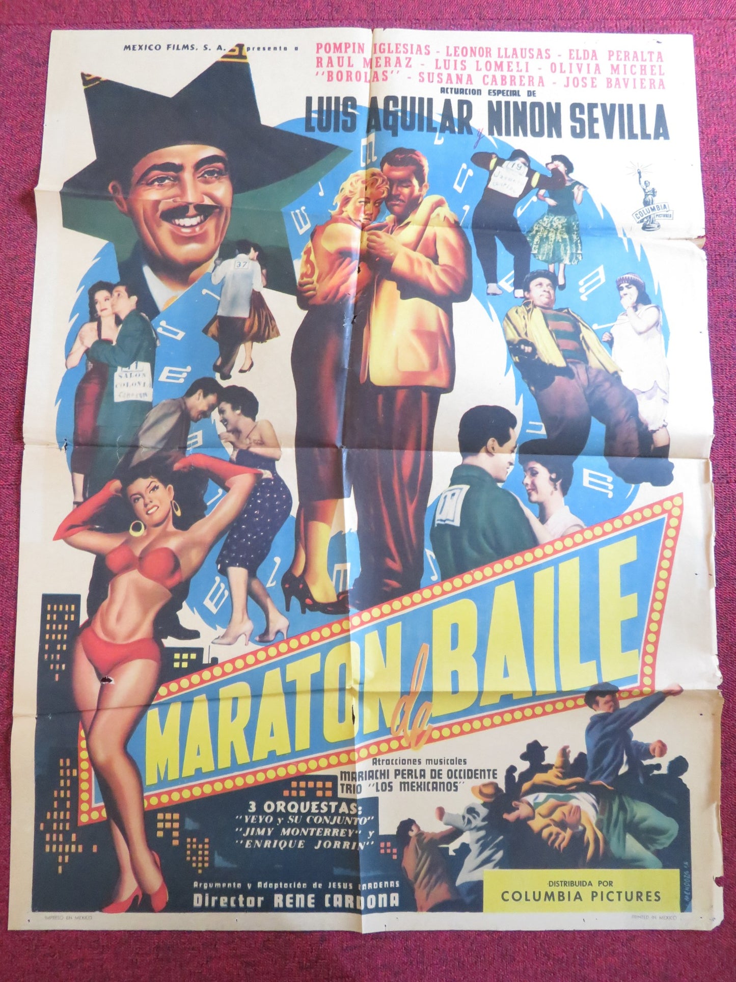 MARATON DE BAILE FOLDED MEXICAN SHEET POSTER POMPIN IGLESIAS LEONAR LLAUSAS 1958