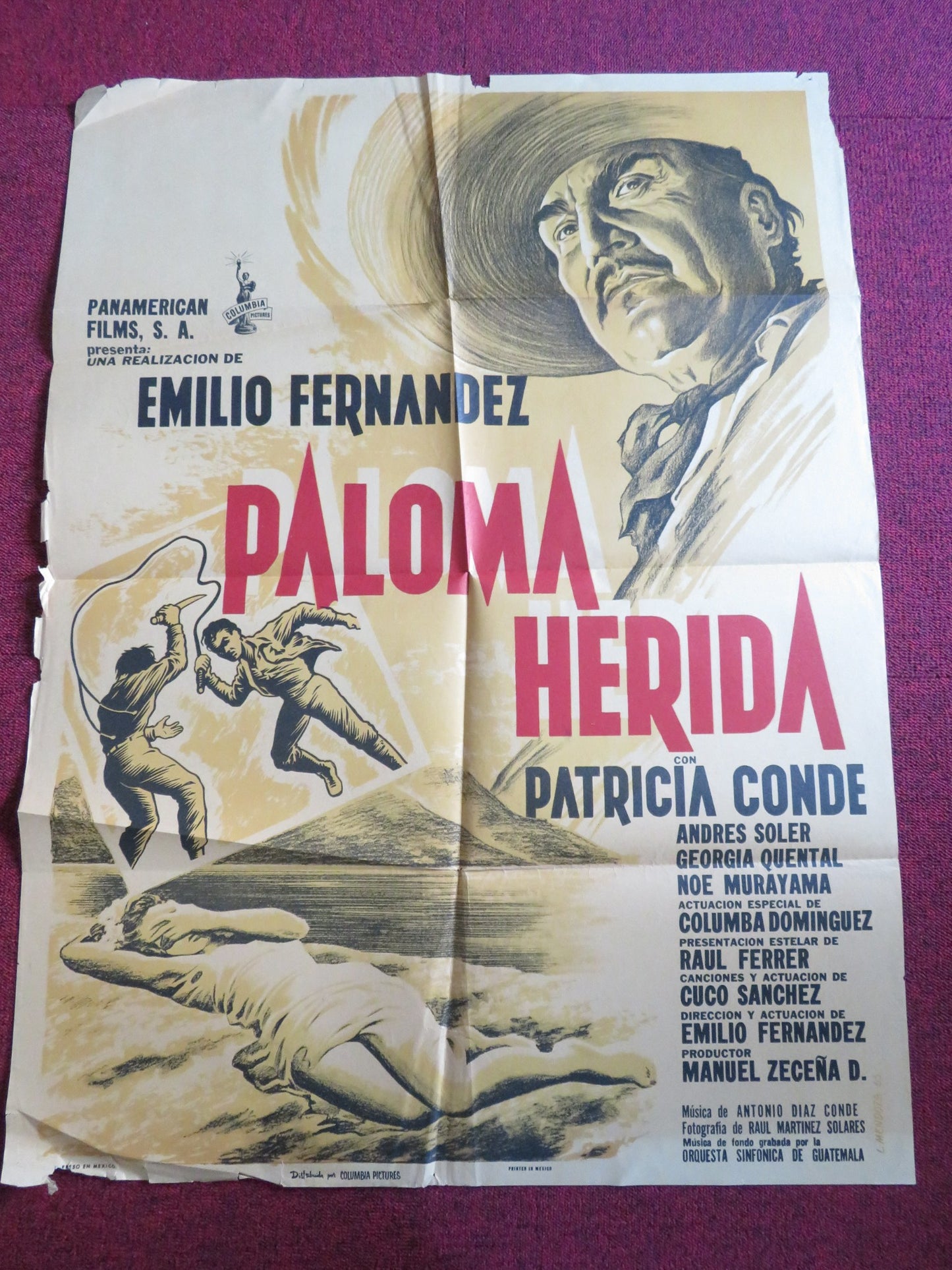 PALOMA HERIDA FOLDED MEXICAN SHEET POSTER PATRICIA CONDE EMILIO FERNANDEZ 1963