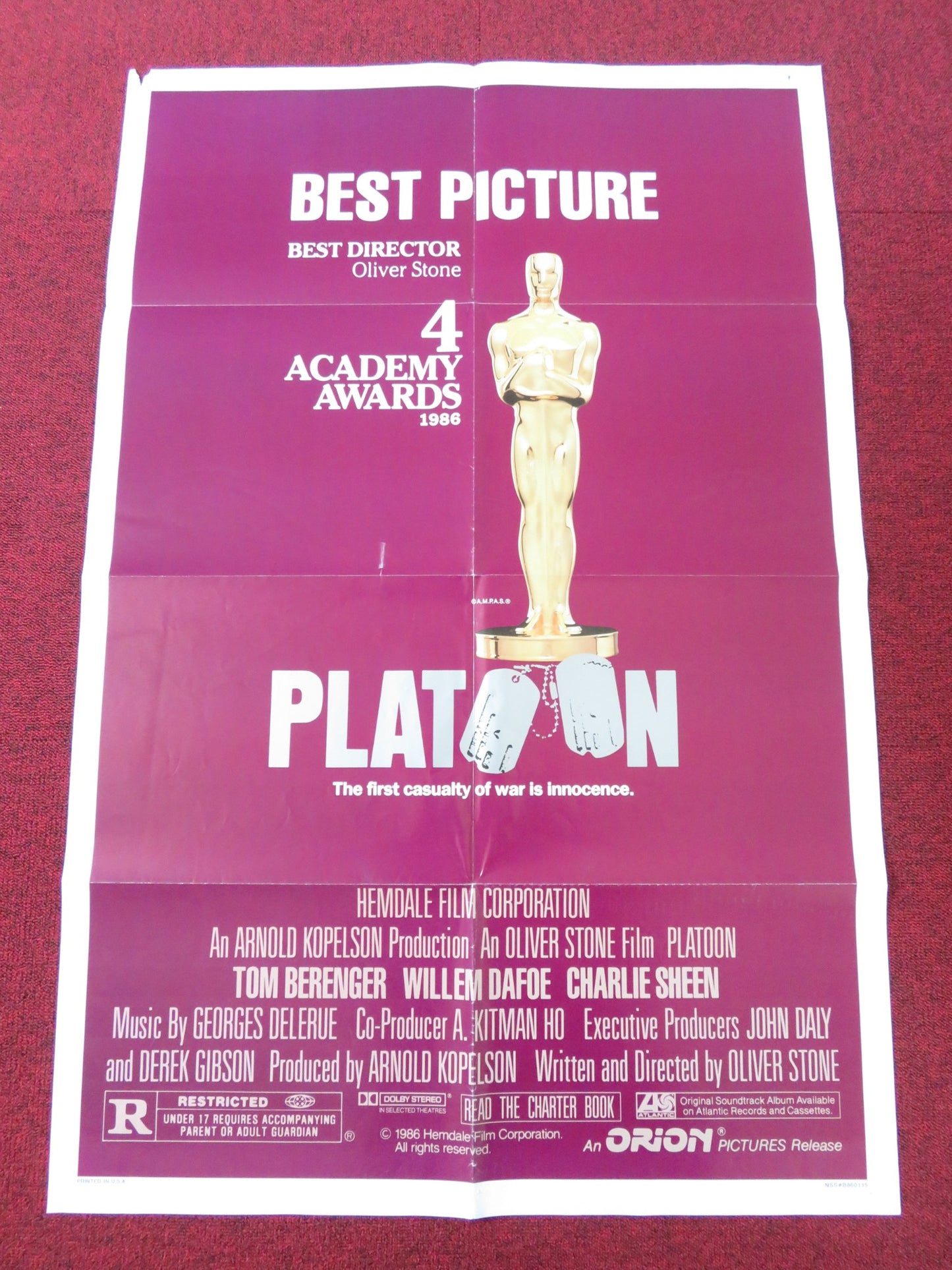 PLATOON FOLDED US ONE SHEET POSTER TOM BERENGER WILLEM DAFOE 1986