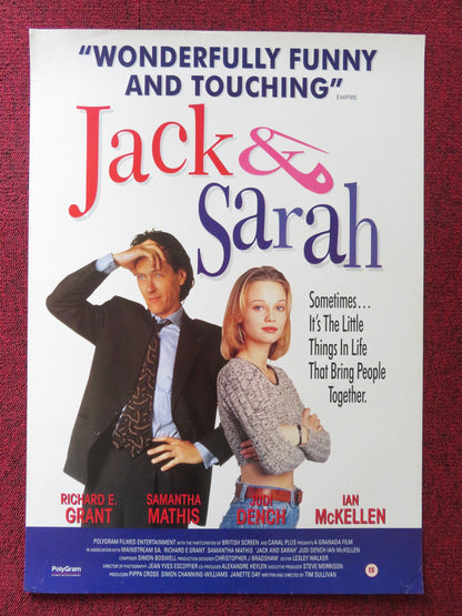 JACK & SARAH VHS VIDEO POSTER RICHARD E. GRANT SAMANTHA MATHIS 1995