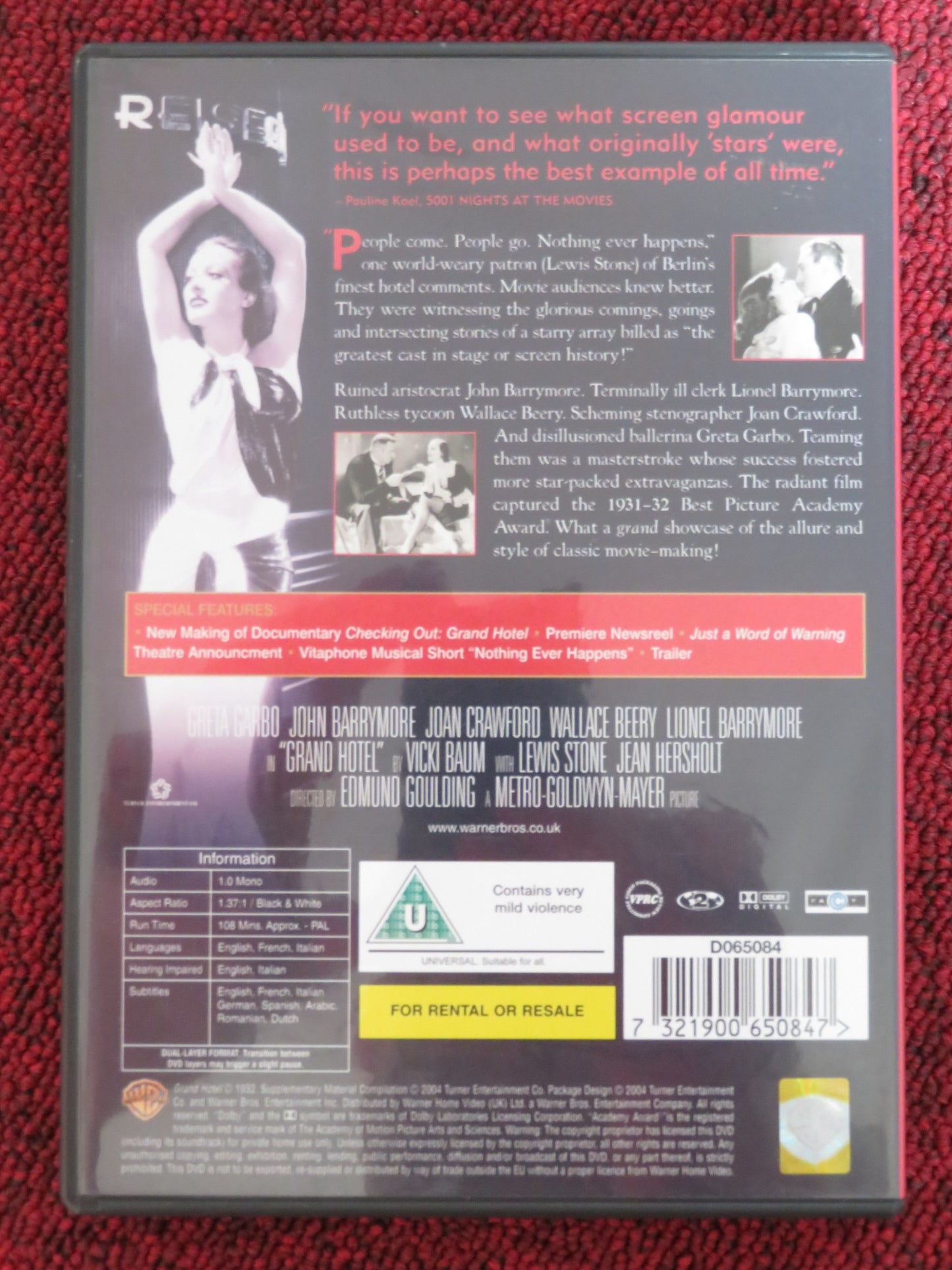 GRAND HOTEL (DVD) GRETA GARBO JOHN BARRYMORE 1932 REGION 2