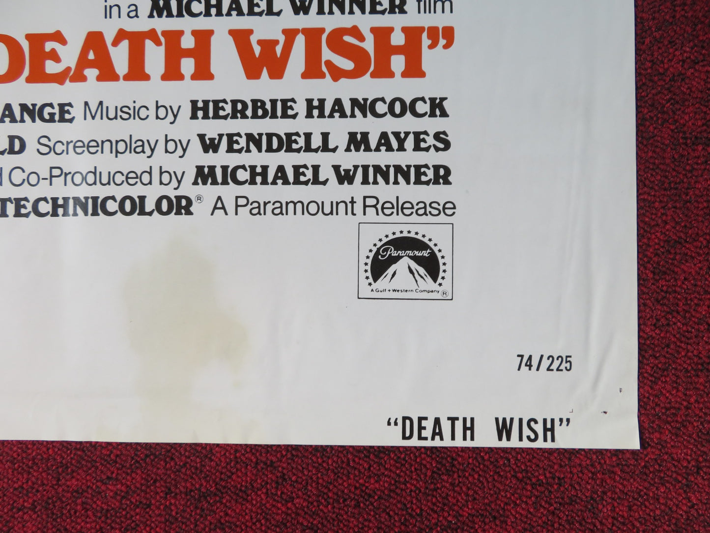 DEATH WISH FOLDED US ONE SHEET POSTER CHARLES BRONSON VINCENT GARDENIA 1974