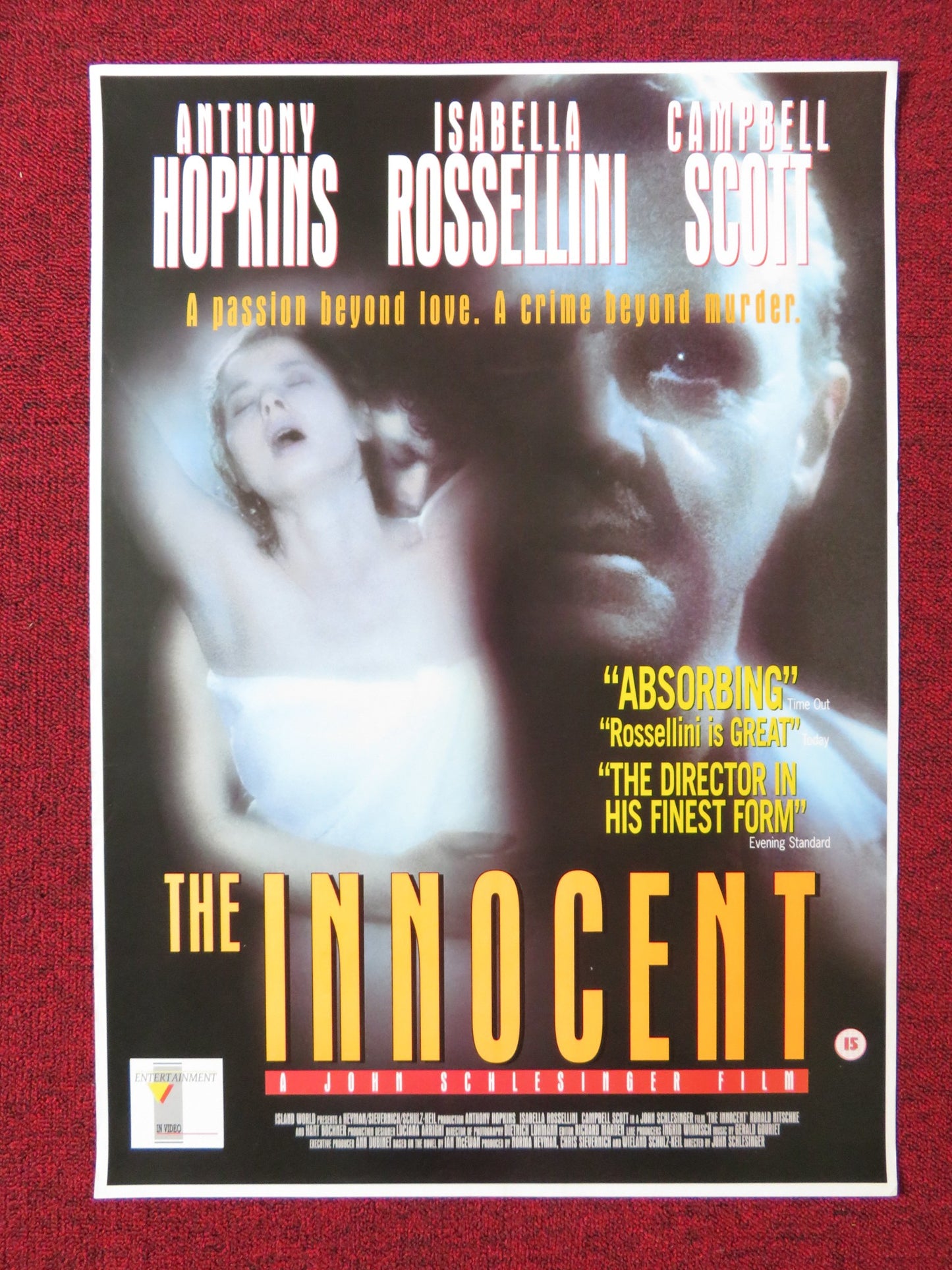 THE INNOCENT VHS POSTER ROLLED ANTHONY HOPKINS ISABELLA ROSSELLINI 1993