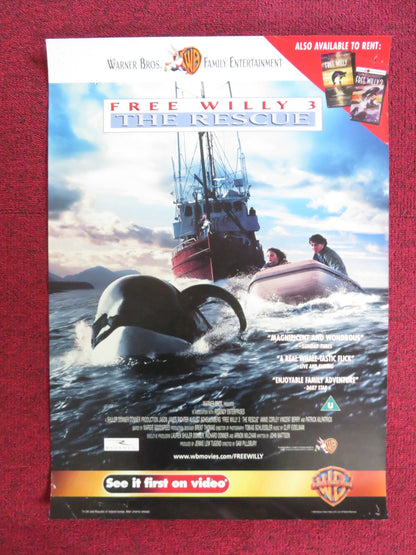 FREE WILLY 3: THE RESCUE VHS VIDEO POSTER JASON JAMES RITCHER ANNIE CORLEY 1997