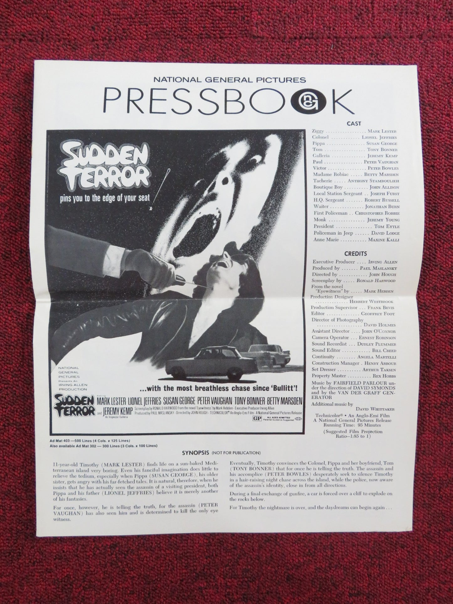 SUDDEN TERROR UNCUT PRESS BOOK  FOLDED MARK LESTER LIONEL JEFFRIES 1971