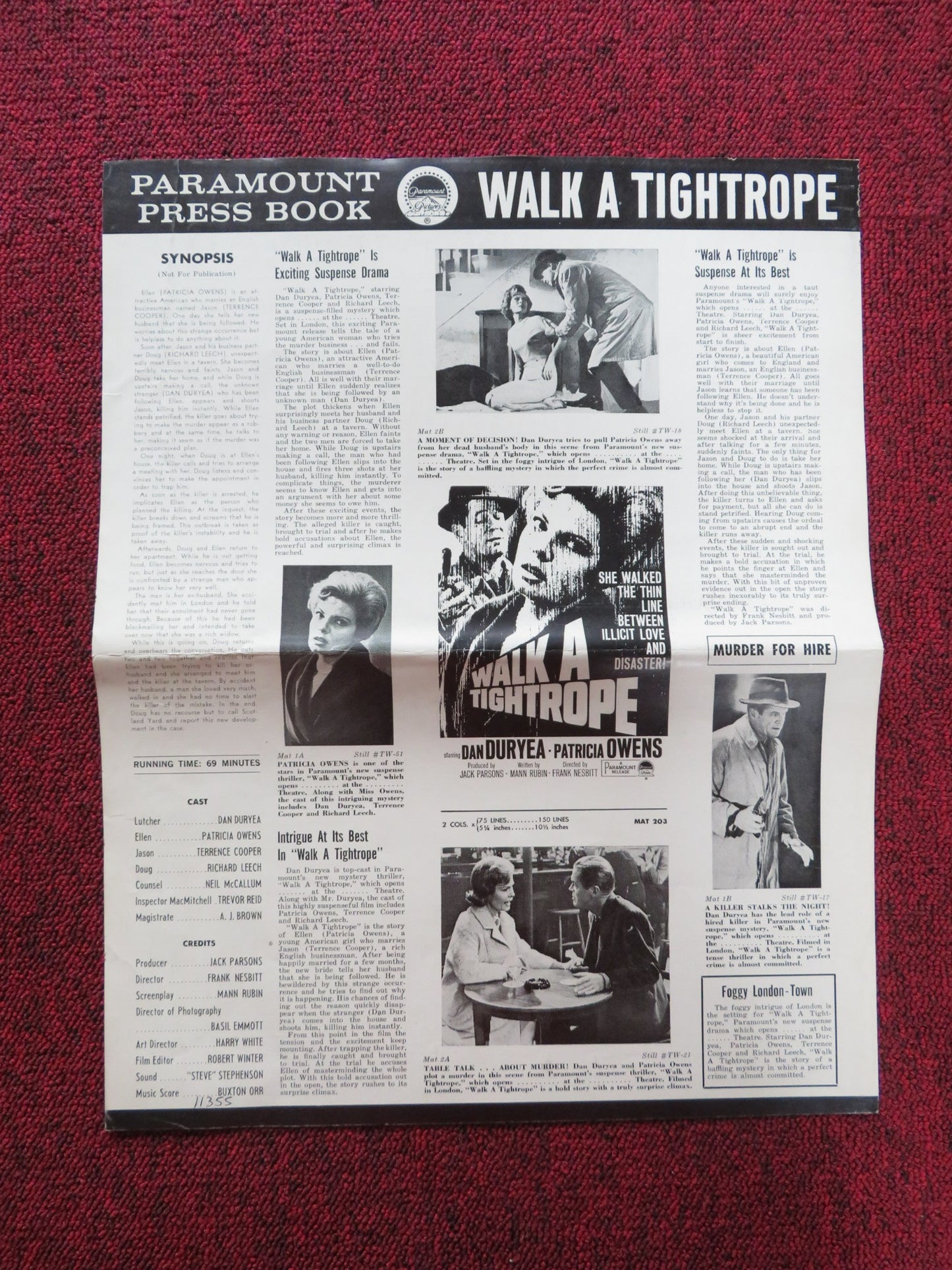 WALK A TIGHTROPE UNCUT PRESS BOOK FOLDED DAN DURYEA PATRICIA OWENS 1963