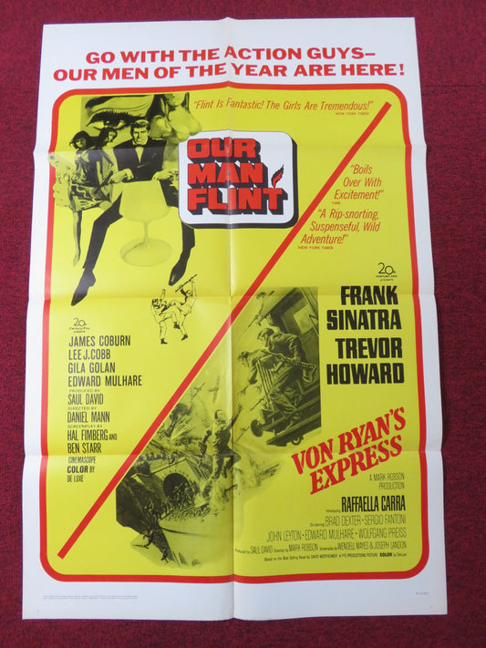 OUR MAN FLINT / VON RYAN'S EXPRESS COMBO FOLDED US ONE SHEET POSTER COBURN 1966