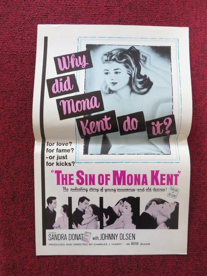 THE SIN OF MONA KENT UNCUT FOLDED PRESS BOOK JOHNNY OLSEN SANDRA FRANCIS 1961