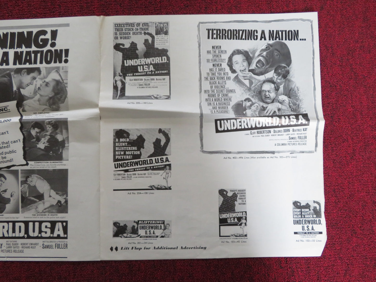 UNDERWORLD U.S.A. UNCUT FOLDED PRESS BOOK CLIFF ROBERTSON DOLORE DORN 1961