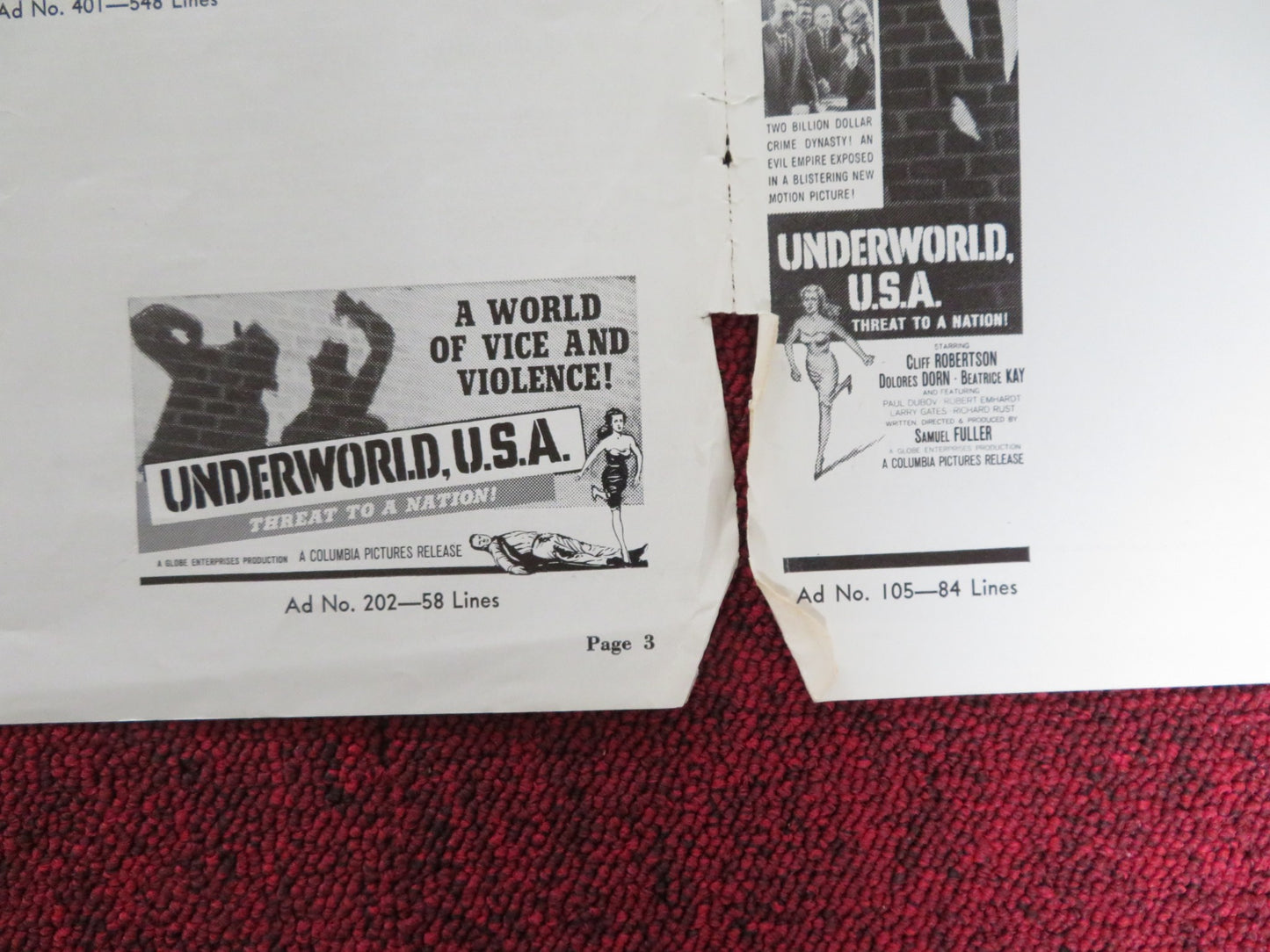 UNDERWORLD U.S.A. UNCUT FOLDED PRESS BOOK CLIFF ROBERTSON DOLORE DORN 1961