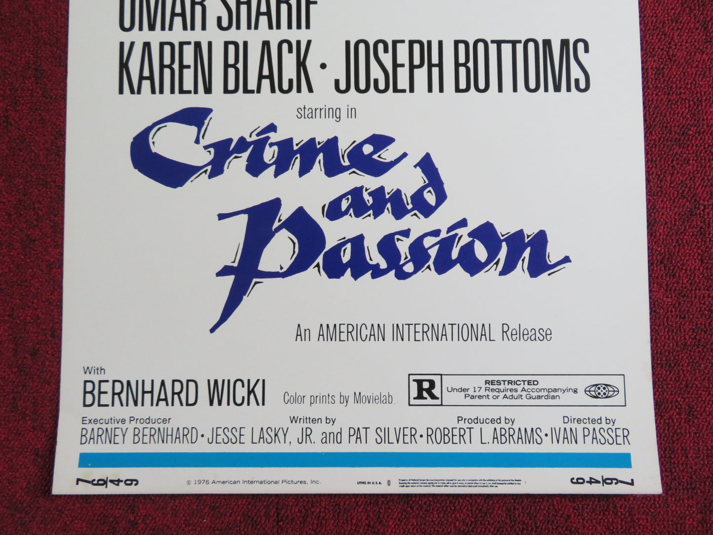 CRIME AND PASSION US INSERT POSTER OMAR SHARIF KAREN BLACK 1976