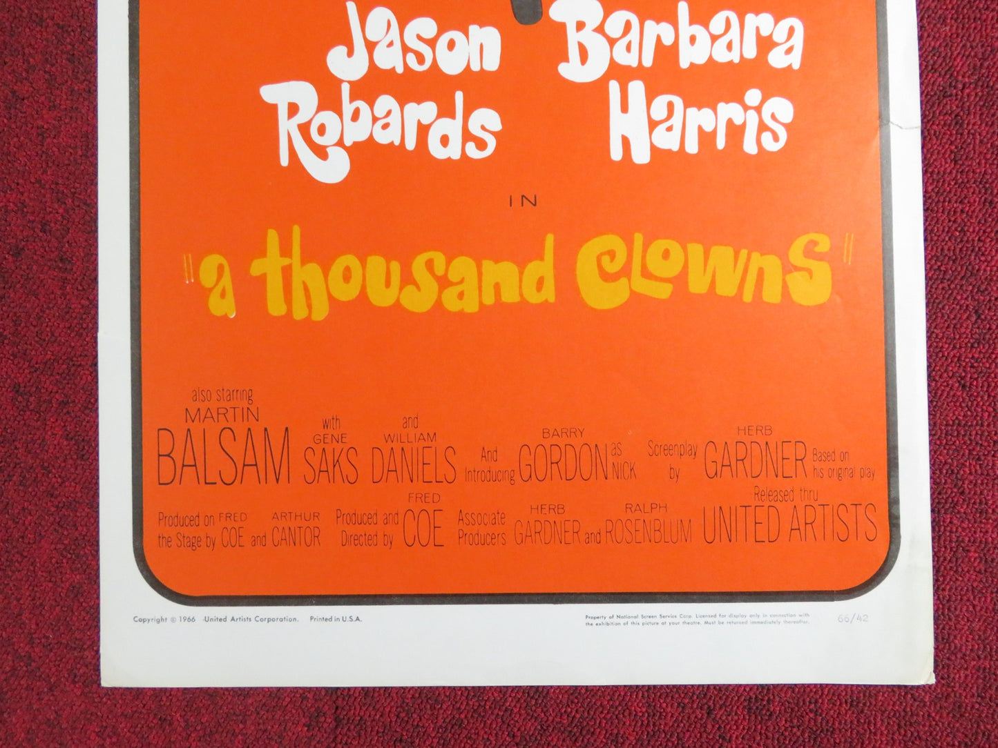 A THOUSANDS CLOWNS US INSERT POSTER JASON ROBARDS BARBARA HARRIS 1966