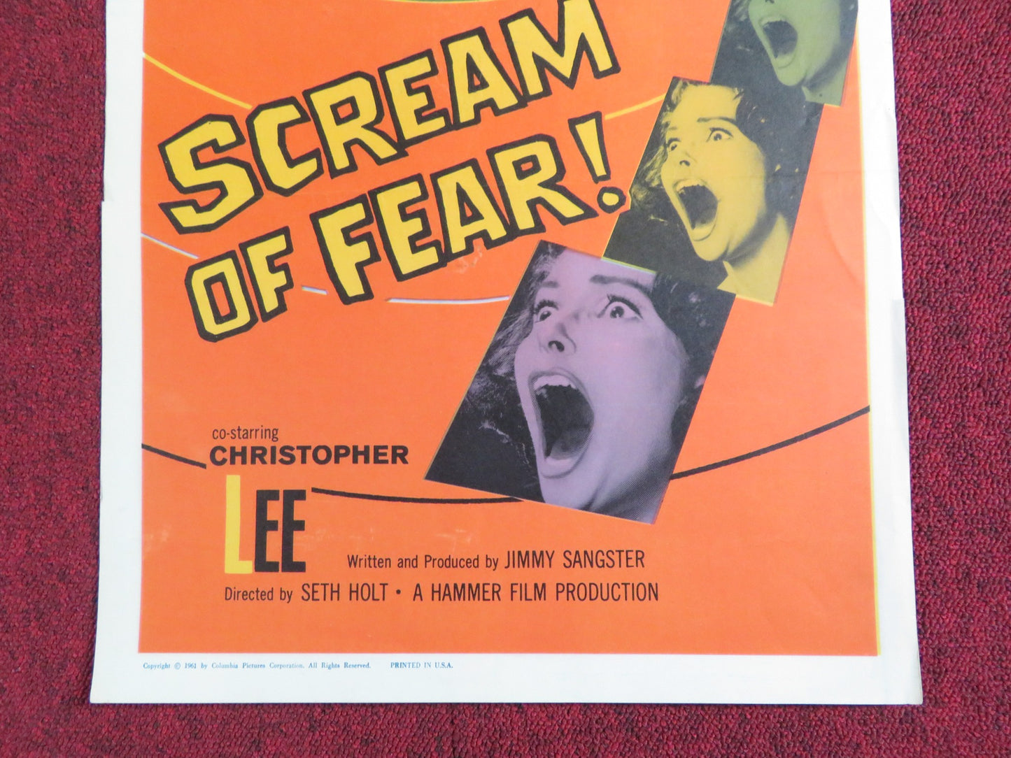 SCREAM OF FEAR US INSERT POSTER SUSAN STRASBERG RONALD LEWIS 1961