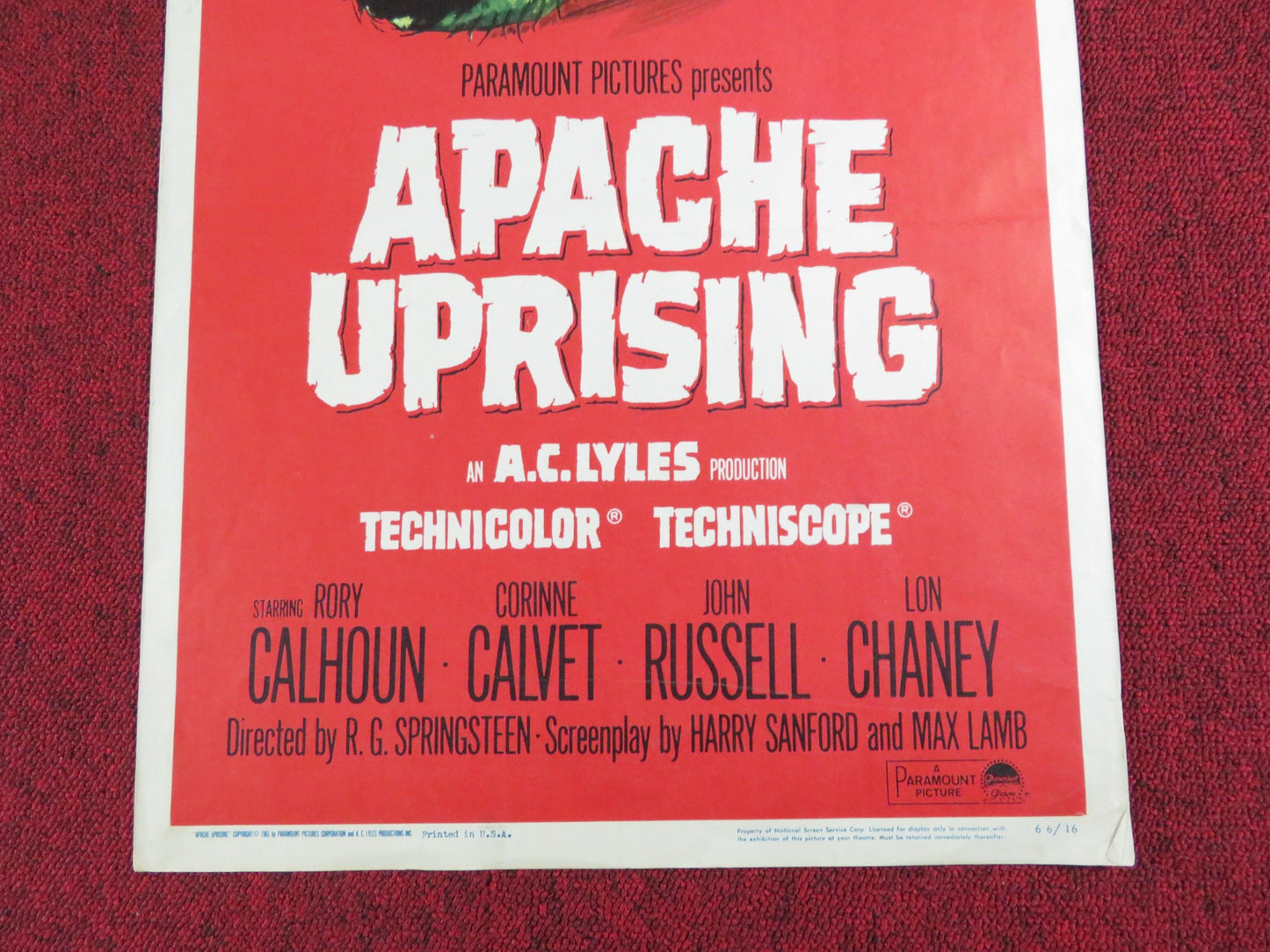 APACHE UPRISING US INSERT POSTER RORY CALHOUN CORINNE CALVET 1965