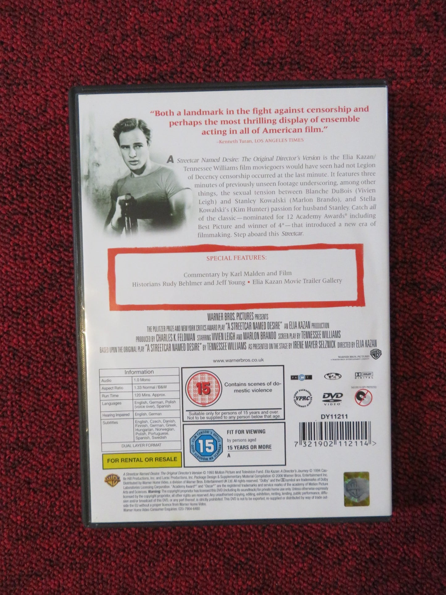 A STREETCAR NAMED DESIRE - ONE DISC EDITION (DVD) MARLON BRANDO 1951 REGION 2