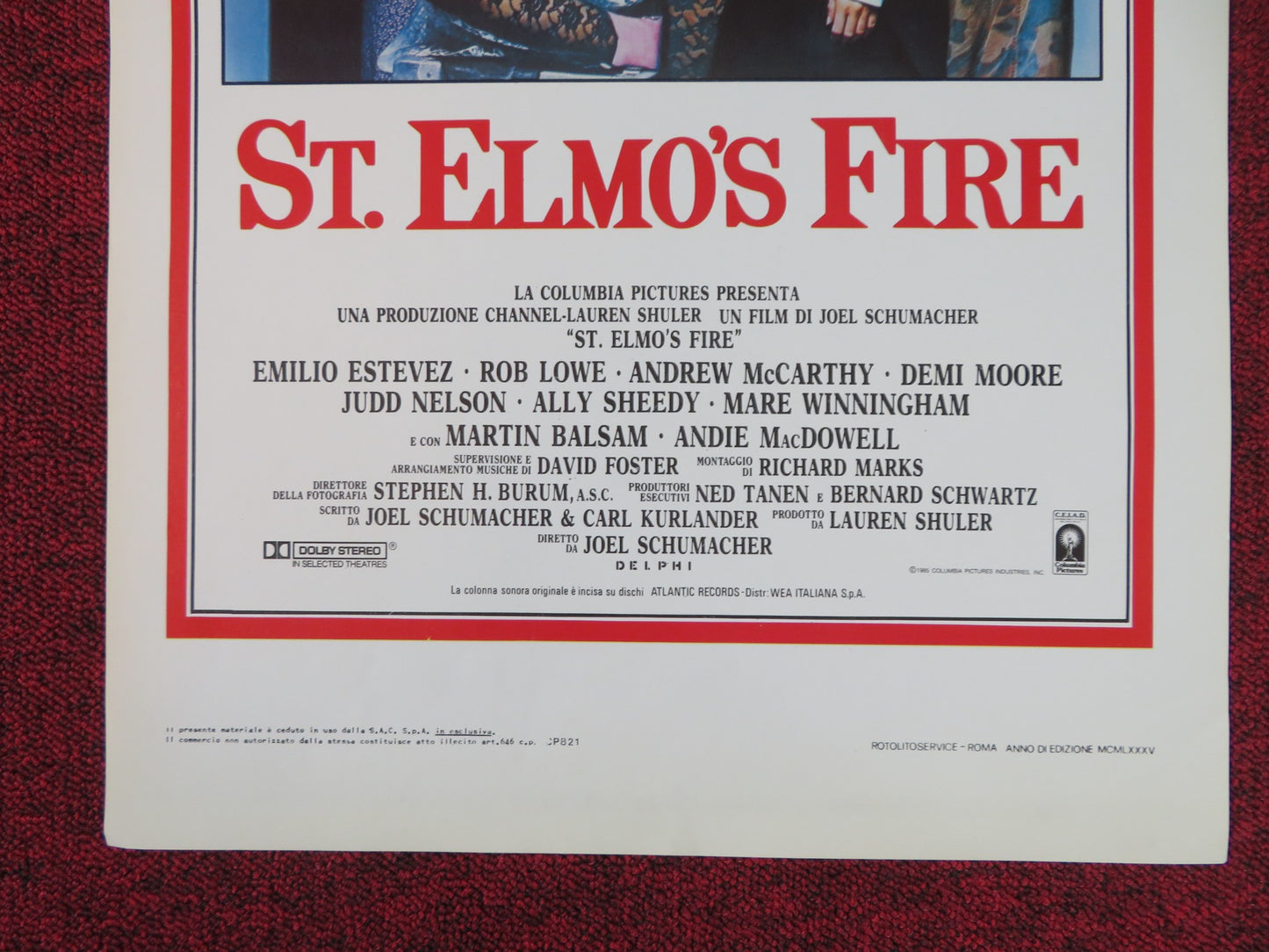 ST. ELMO'S FIRE ITALIAN LOCANDINA POSTER EMILIO ESTEVEZ ROB LOWE DEMI MOORE 1985