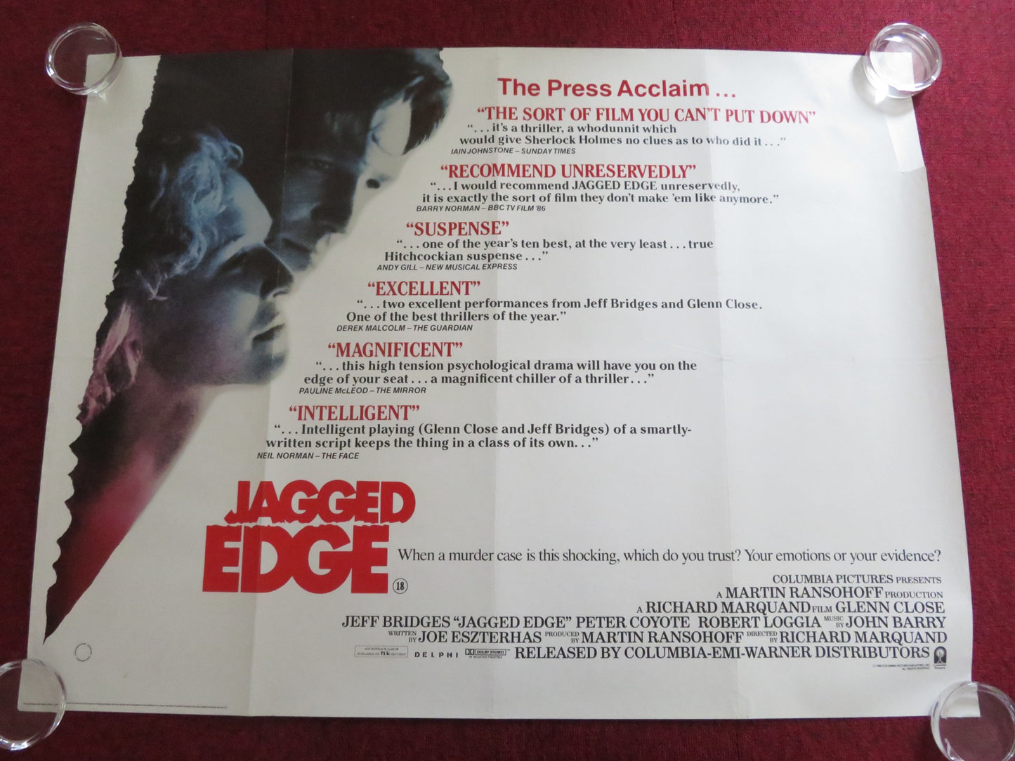 JAGGED EDGE UK QUAD ROLLED POSTER JEFF BRIDGES GLENN CLOSE 1985