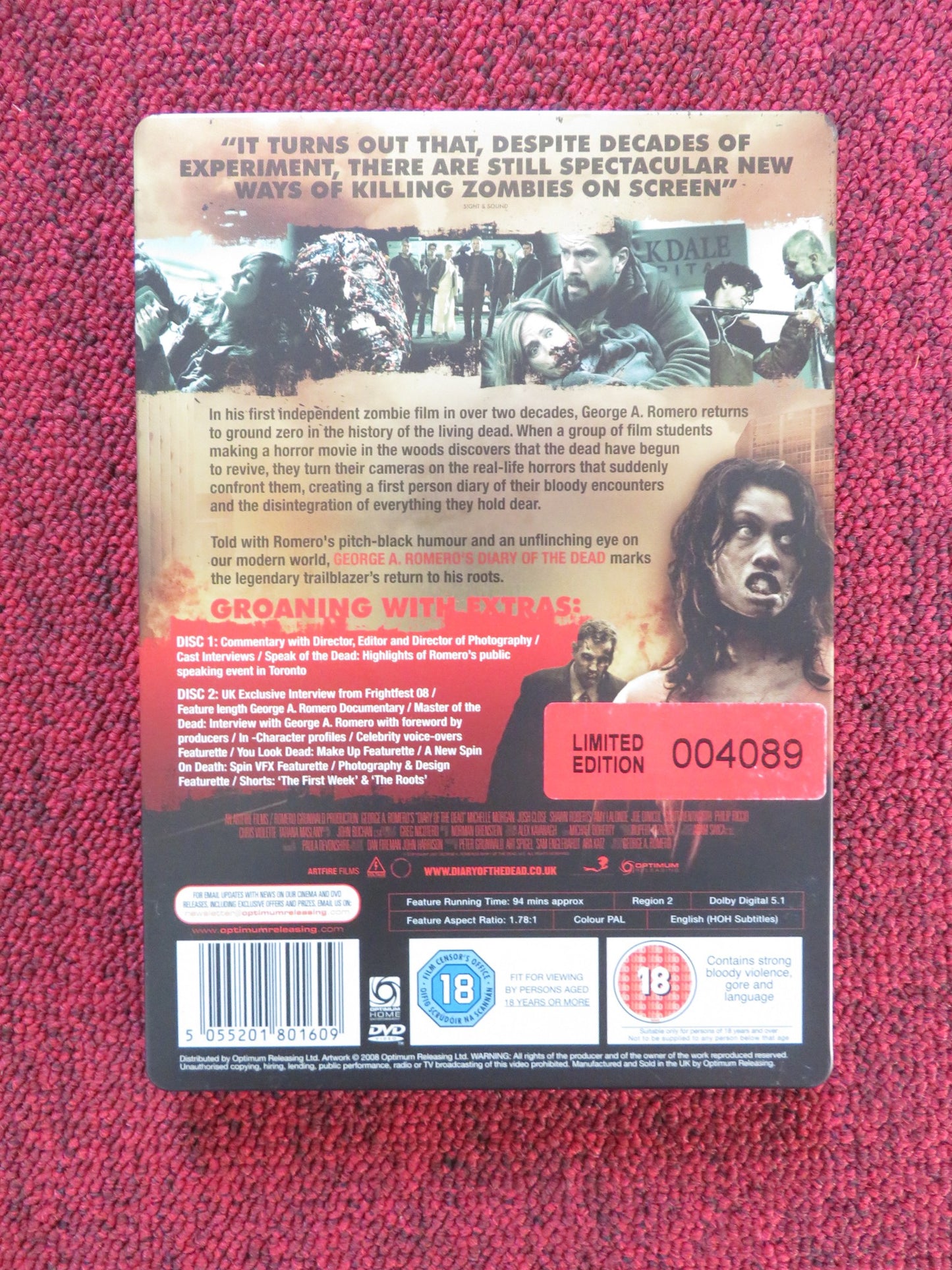 DIARY OF THE DEAD -TIN (DVD) SCHROEDER TODD LAURA DE CARTERET 2007 REGION 2