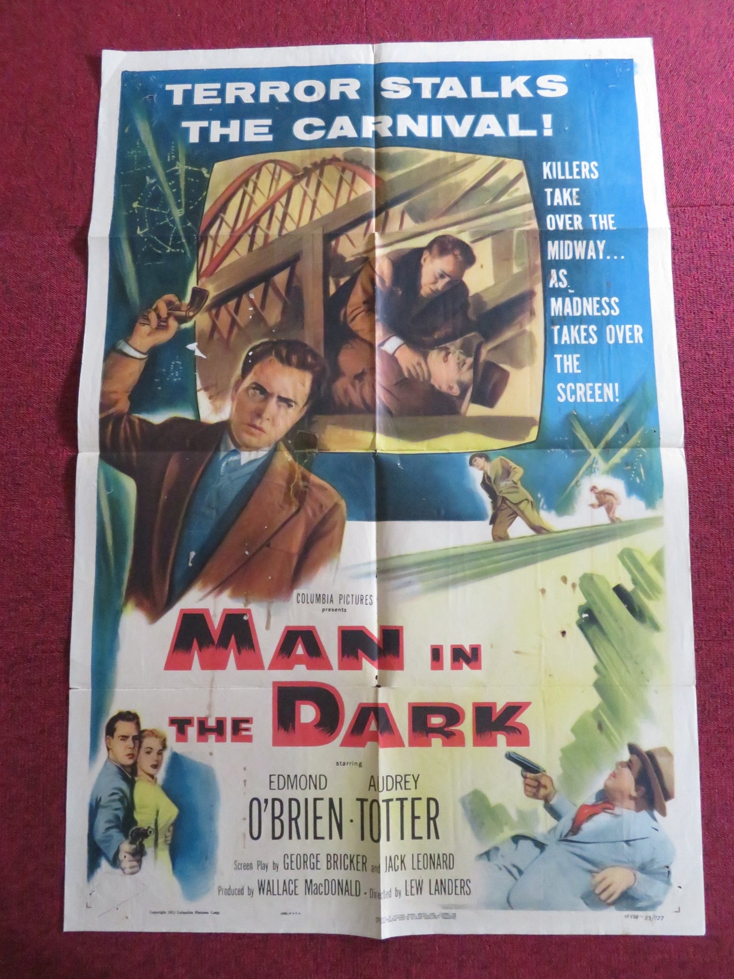 MAN IN THE DARK - B FOLDED US ONE SHEET POSTER EDMOND O'BRIEN AUDREY TOTTER 1953