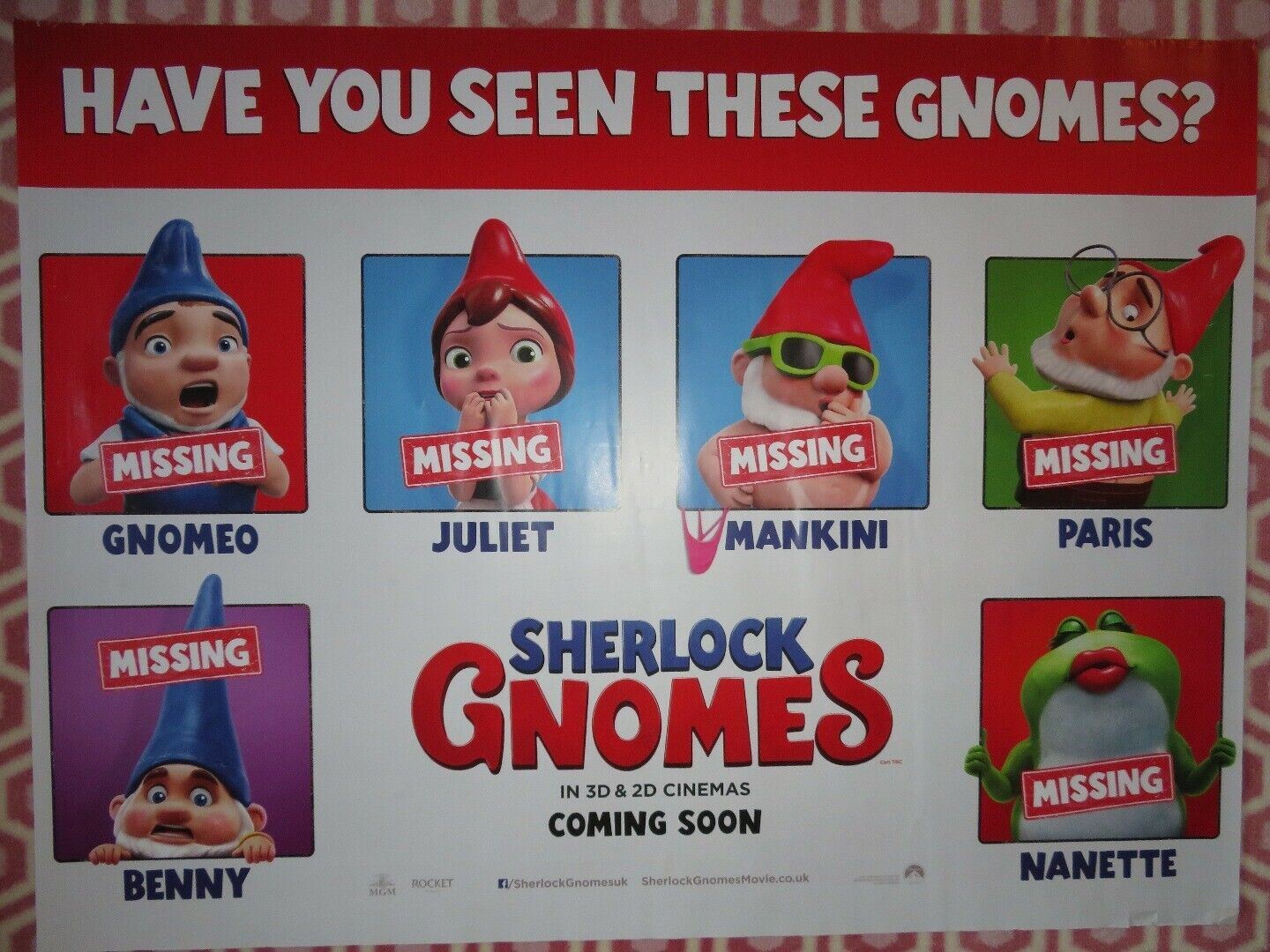 SHERLOCK GNOMES QUAD (30"x 40") ROLLED POSTER EMILY BLUNT MICHAEL CAINE 2018