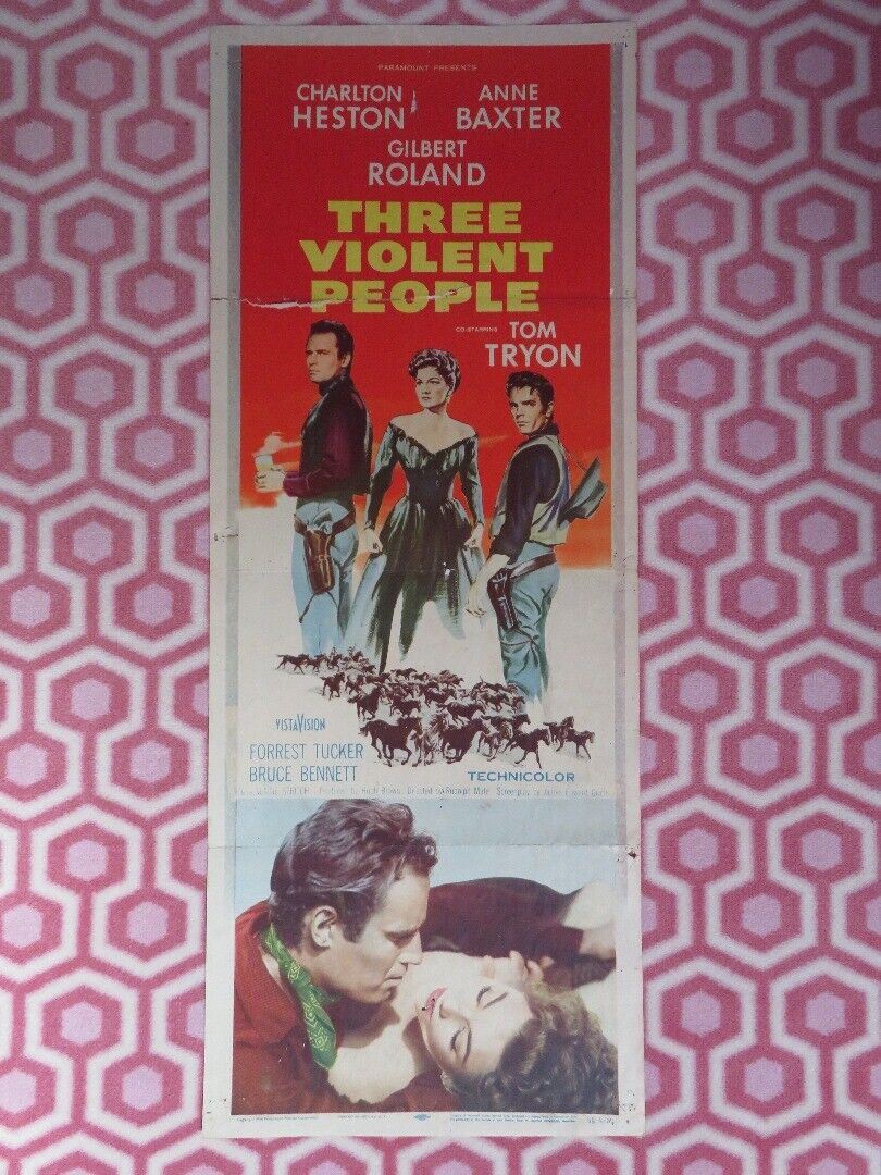 THREE VIOLENT PEOPLE US INSERT (14"x 36") POSTER CHARLES HESTON ANNE BAXTER 1956