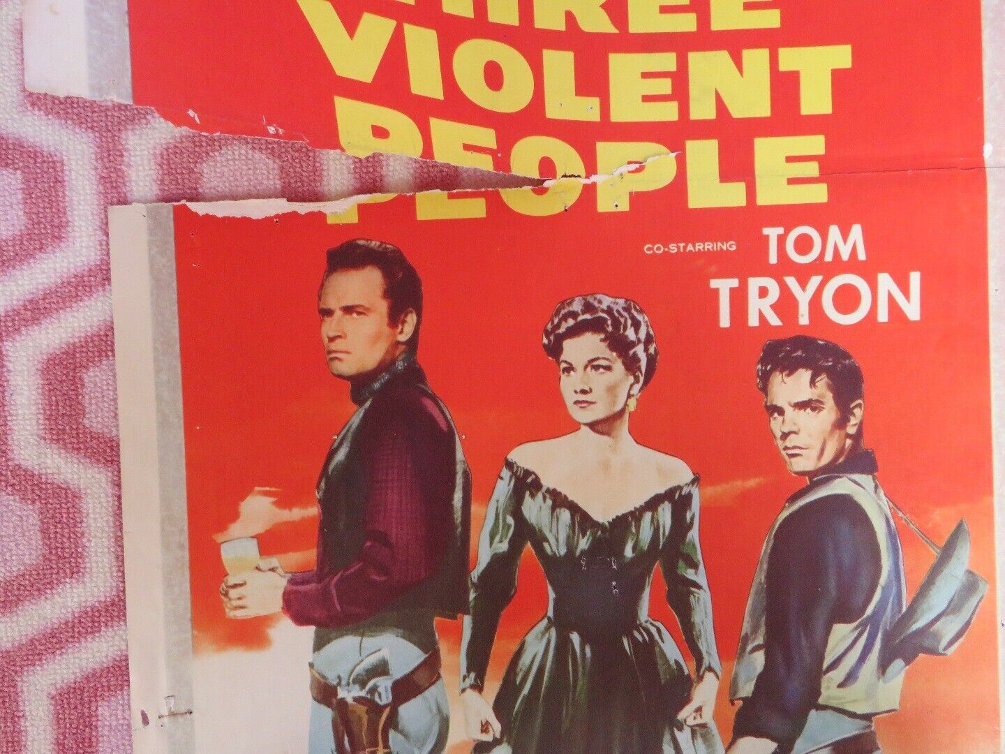 THREE VIOLENT PEOPLE US INSERT (14"x 36") POSTER CHARLES HESTON ANNE BAXTER 1956