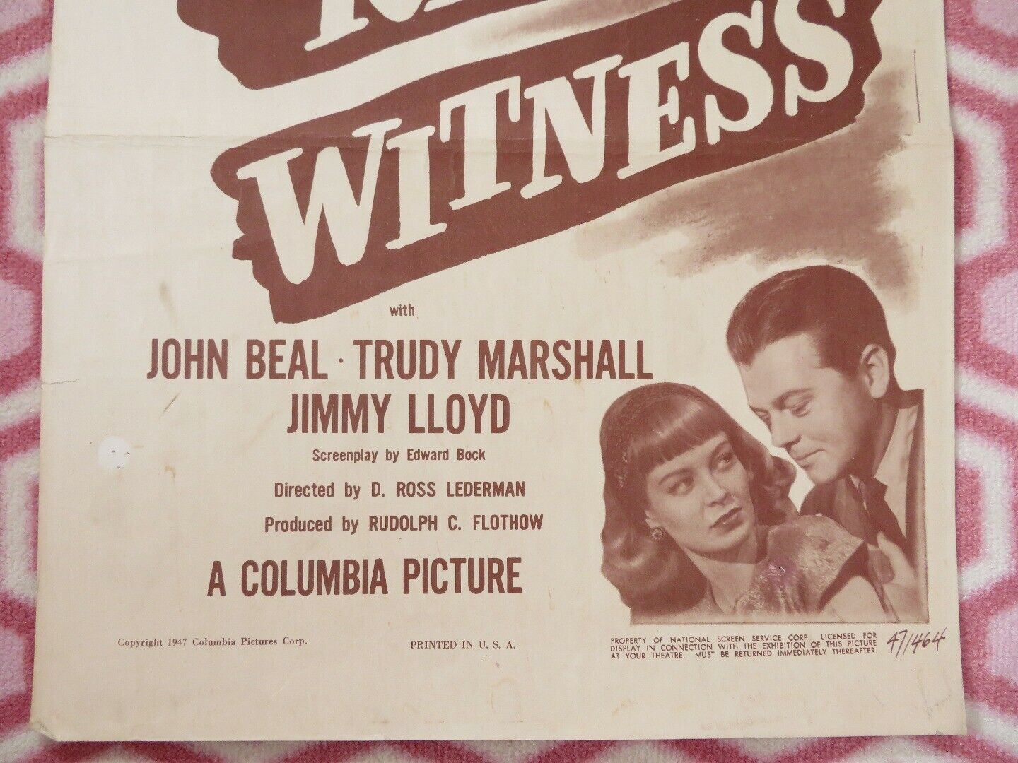 KEY WITNESS US INSERT (14"x 36") POSTER JOHN BEAL TRUDY MARSHALL 1947