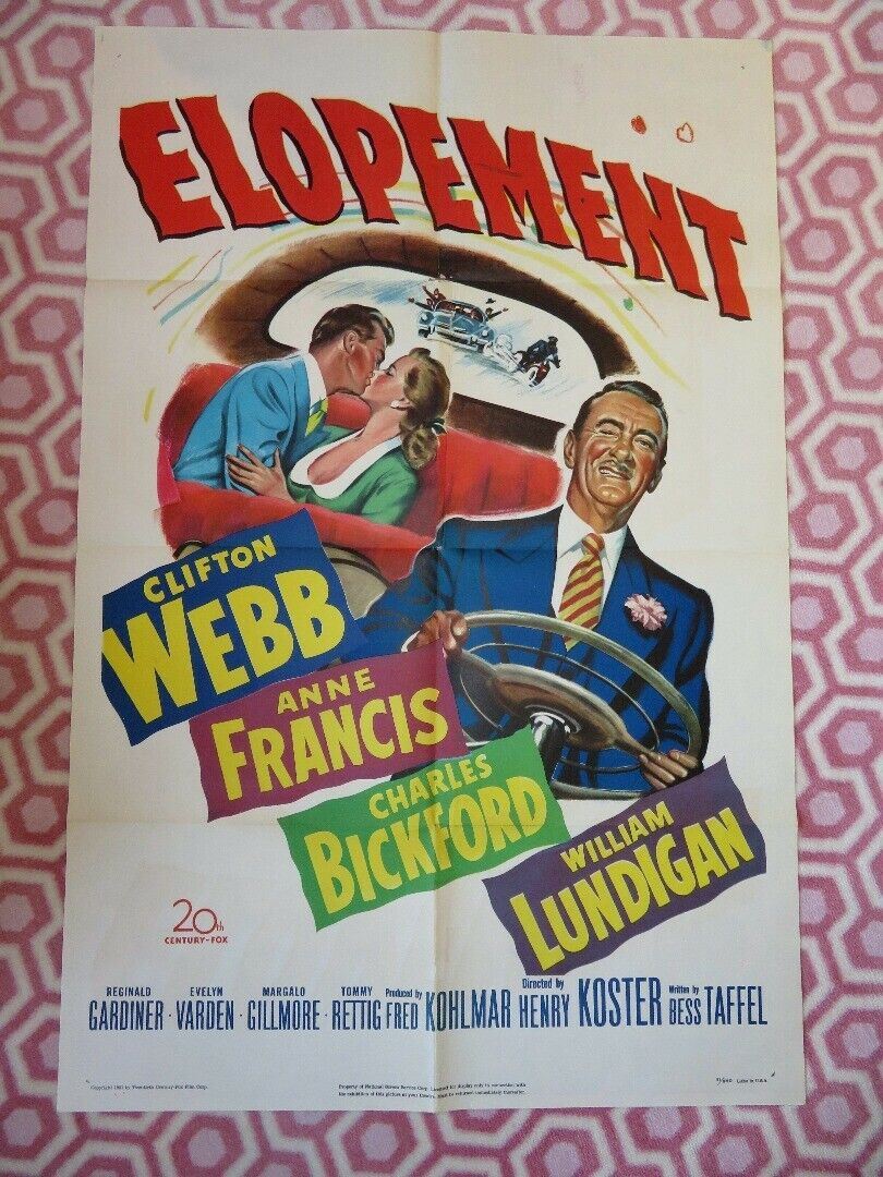 ELOPEMENT  FOLDED US ONE SHEET POSTER CLIFTON WEBB ANNE FRANCIS 1951