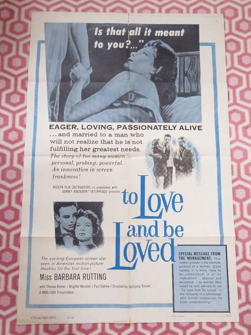 TO LOVE AND BE LOVED  FOLDED US ONE SHEET POSTER BARBARA RUTTING 1960