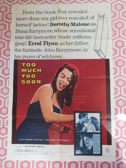 TOO MUCH TOO SOON FOLDED US ONE SHEET POSTER DOROTHY MALONE ERROL FLYNN 1958