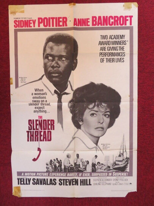 THE SLENDER THREAD FOLDED US ONE SHEET POSTER SIDNEY POITIER ANNE BANCROFT 1966