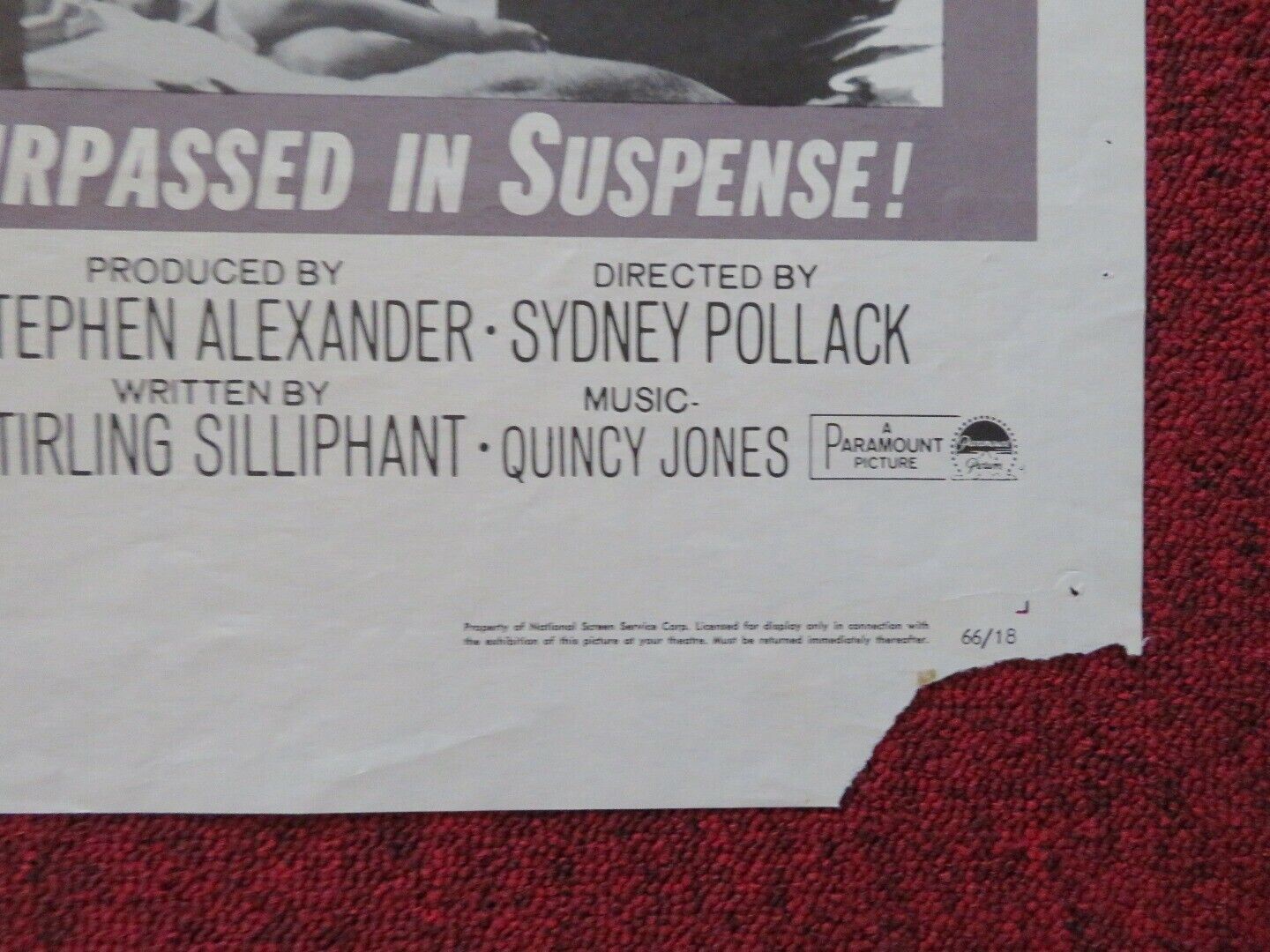 THE SLENDER THREAD FOLDED US ONE SHEET POSTER SIDNEY POITIER ANNE BANCROFT 1966