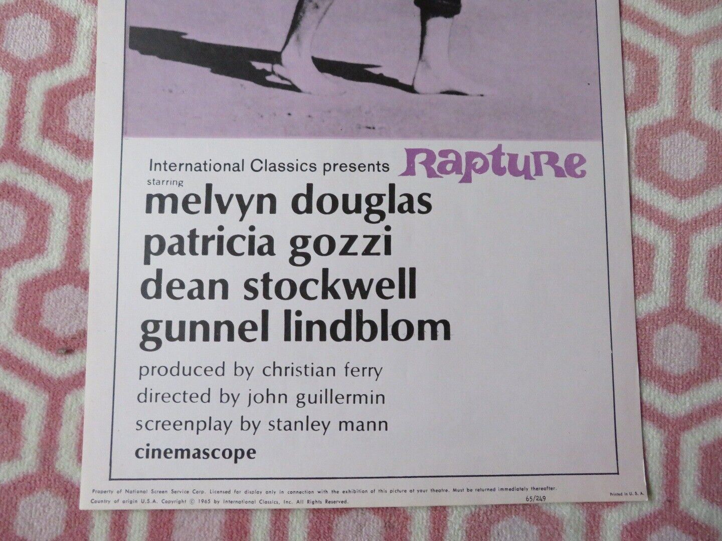 RAPTURE US INSERT (14"x 36") POSTER MELVYN DOUGLSAS PATRICIA GOZZI 1965