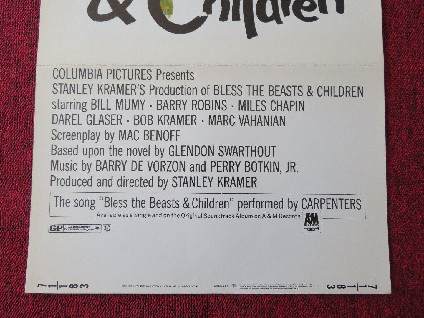 BLESS THE BEASTS & CHILDREN US INSERT (14"x 36") POSTER BILL MUMY 1971