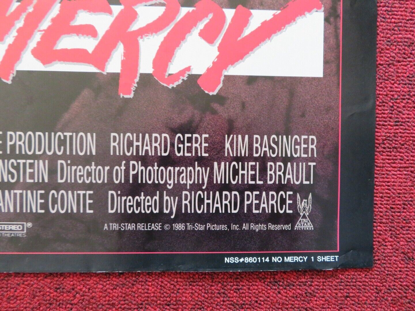 NO MERCY  FOLDED US ONE SHEET POSTER RICHARD GERE KIM BASINGER 1986