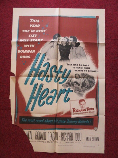 HASTY HEART FOLDED US ONE SHEET POSTER  RONALD REAGAN  PATRICIA NEAL 1949