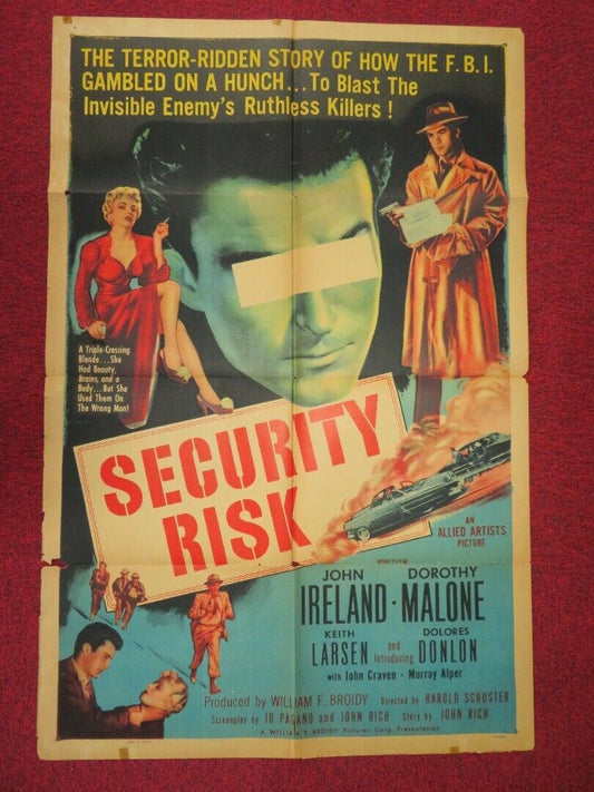 SECURITY RISK   FOLDED US ONE SHEET POSTER JOHN IRELAND DOROTHY MALONE 1954