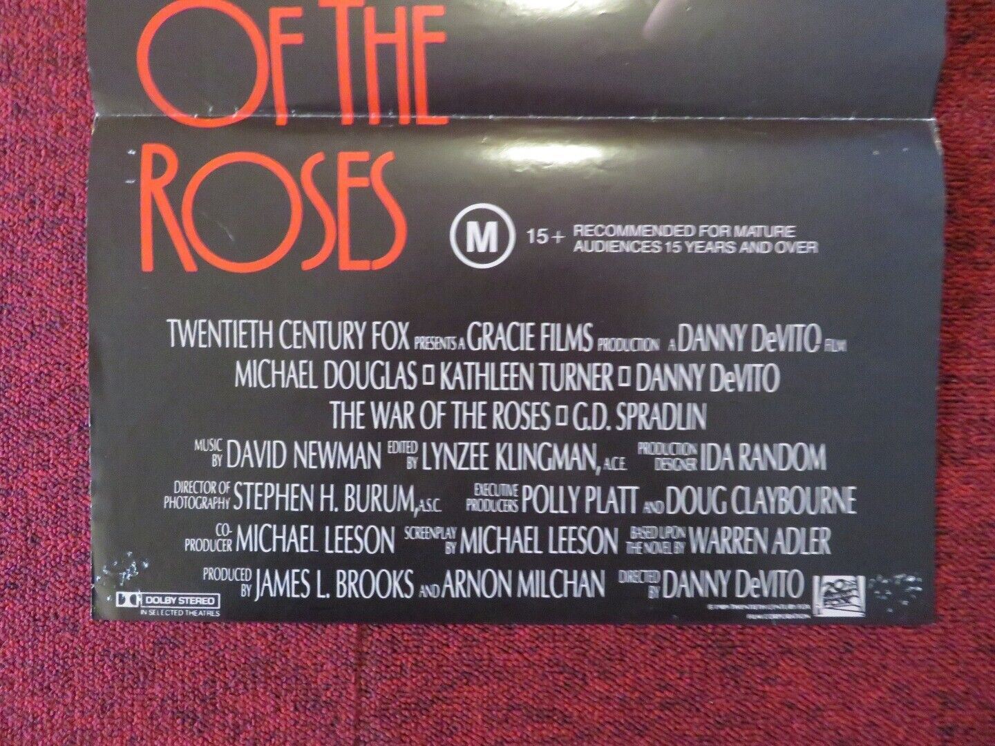 THE WAR OF THE ROSES FOLDED AUSTRALIAN DAYBILL POSTER MICHAEL DOUGLAS 1989